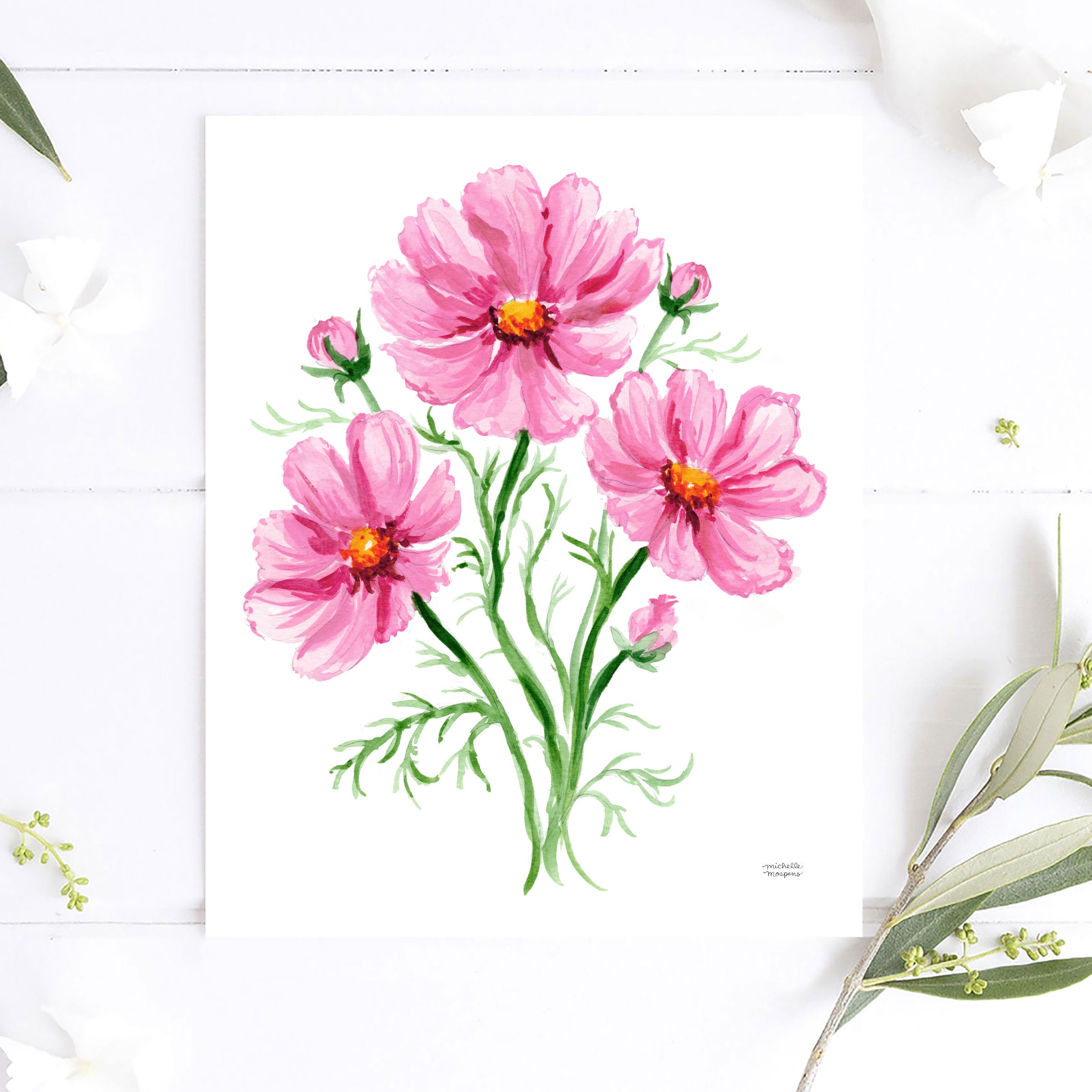 This pink cosmos botanical art print depicts an artful posy of blooms in Michelle Mospens' signature watercolor style. A charming illustrated floral wall art that brings a burst of cheer and romance to your home. Display this floral watercolor artwork on its own or artfully mixed amongst other whimsical art. Perfect for gardeners or the floral-loving host.