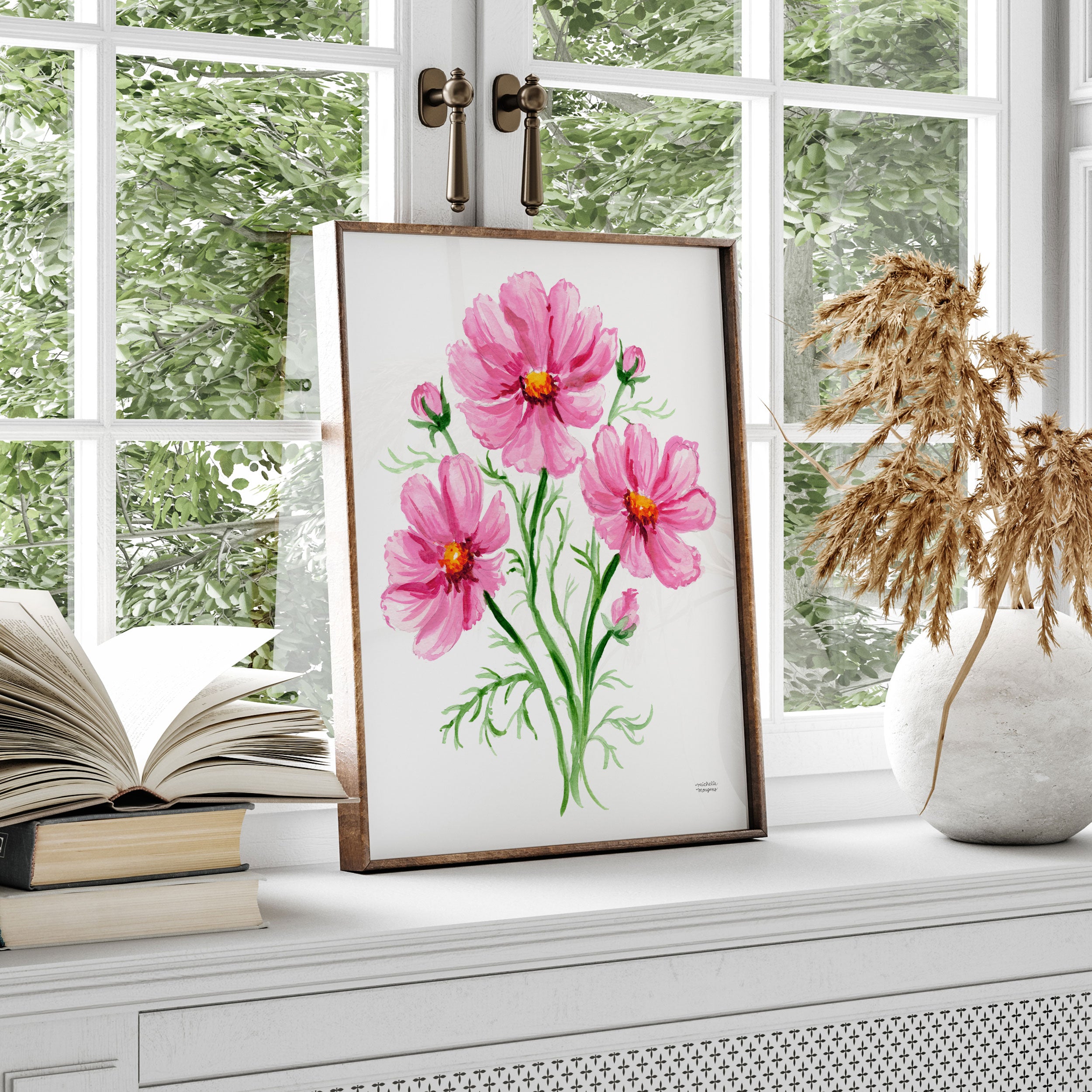 This pink cosmos botanical art print depicts an artful posy of blooms in Michelle Mospens' signature watercolor style. A charming illustrated floral wall art that brings a burst of cheer and romance to your home. Display this floral watercolor artwork on its own or artfully mixed amongst other whimsical art. Perfect for gardeners or the floral-loving host.