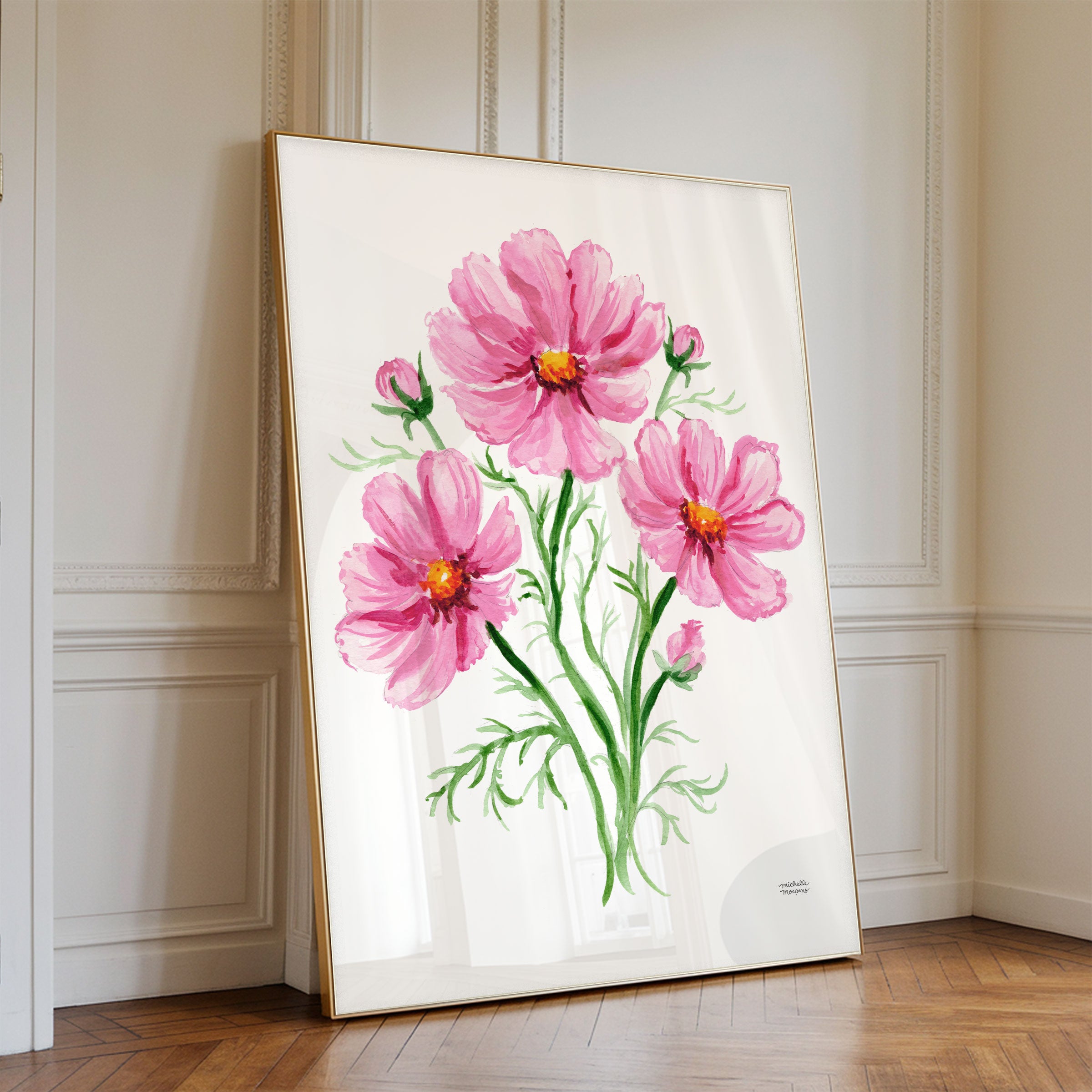 This pink cosmos botanical art print depicts an artful posy of blooms in Michelle Mospens' signature watercolor style. A charming illustrated floral wall art that brings a burst of cheer and romance to your home. Display this floral watercolor artwork on its own or artfully mixed amongst other whimsical art. Perfect for gardeners or the floral-loving host.