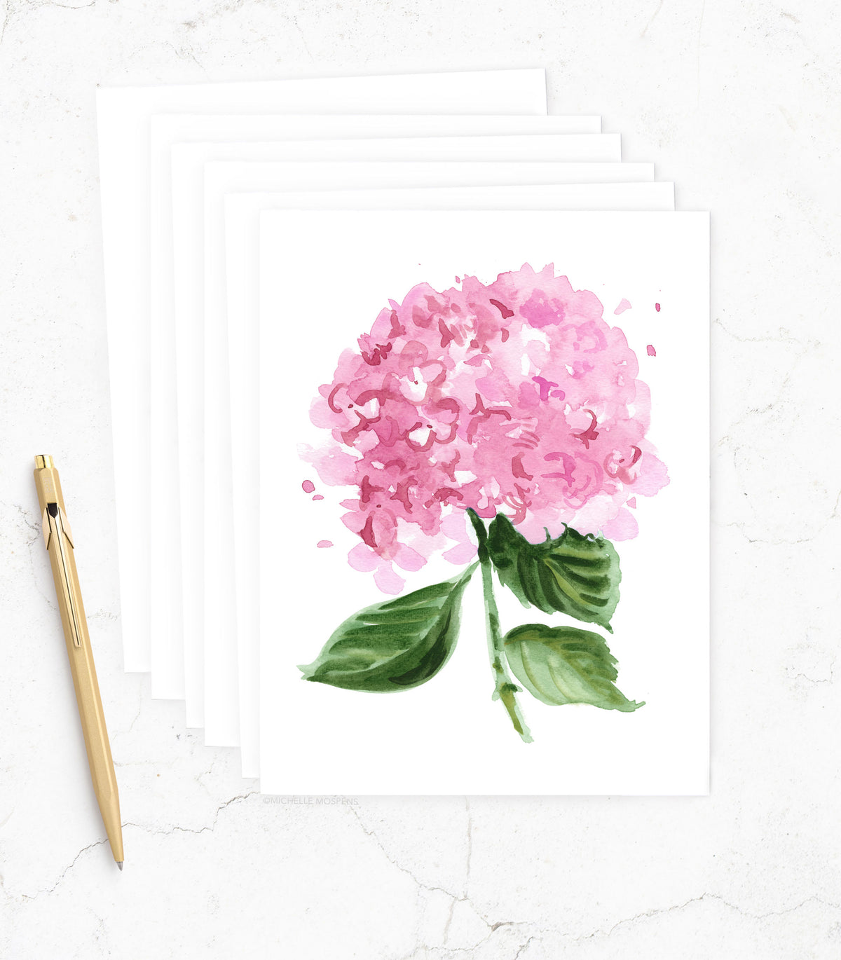 Pink Hydrangea Floral Note Cards Set