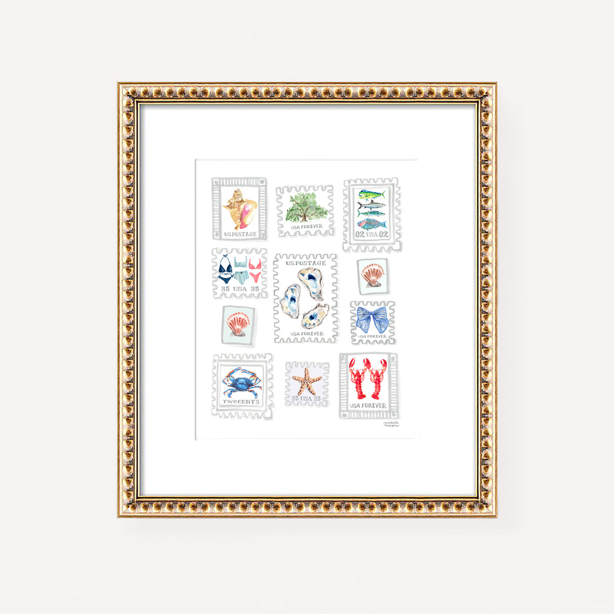 Watercolor Beachy Coastal Postage Stamps Wall Art Print - Michelle Mos