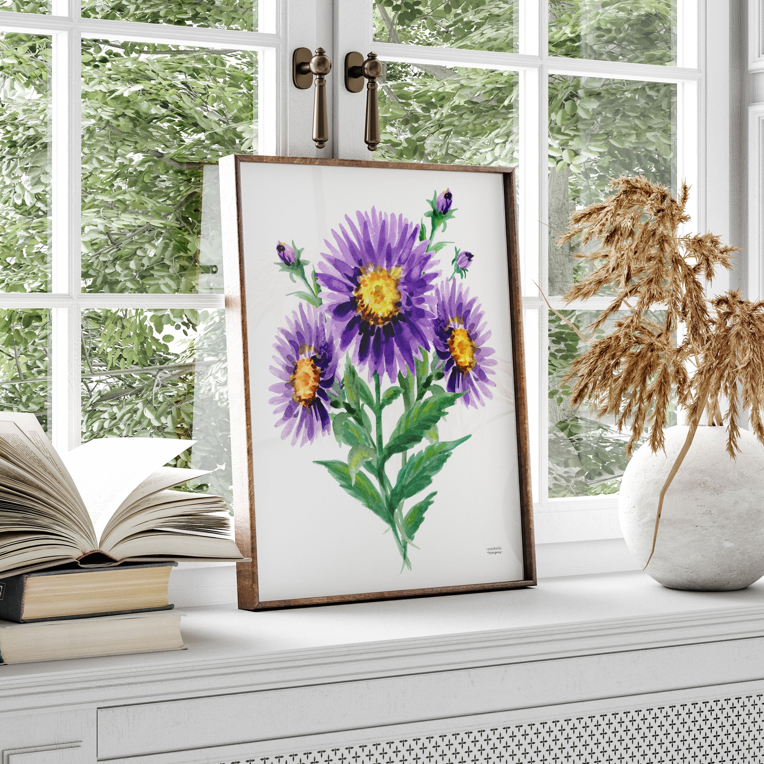 Purple Aster Flowers Botanical Floral Watercolor Wall Art Print by Michelle Mospens