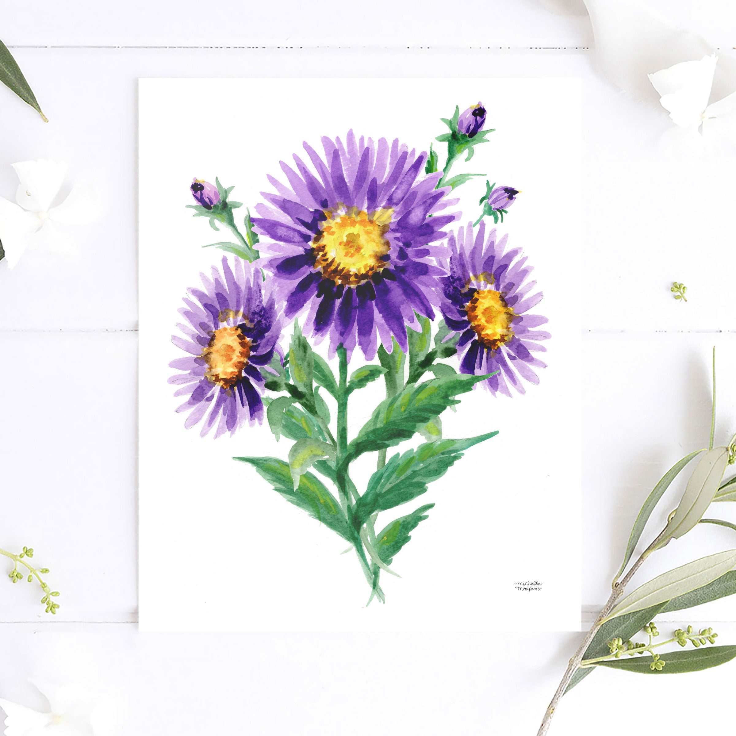 Purple Aster Flowers Botanical Floral Watercolor Wall Art Print by Michelle Mospens