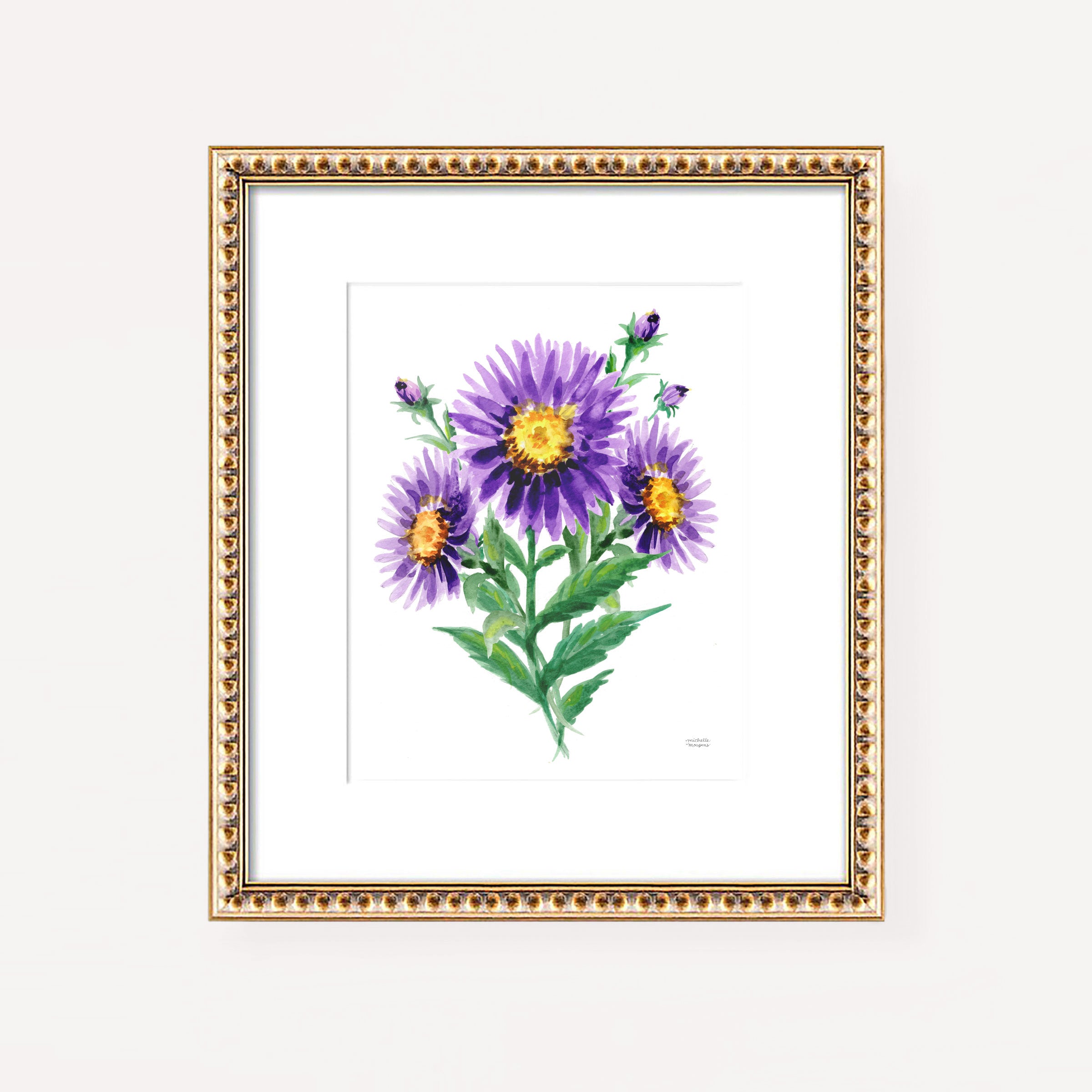 Purple Aster Flowers Botanical Floral Watercolor Wall Art Print by Michelle Mospens
