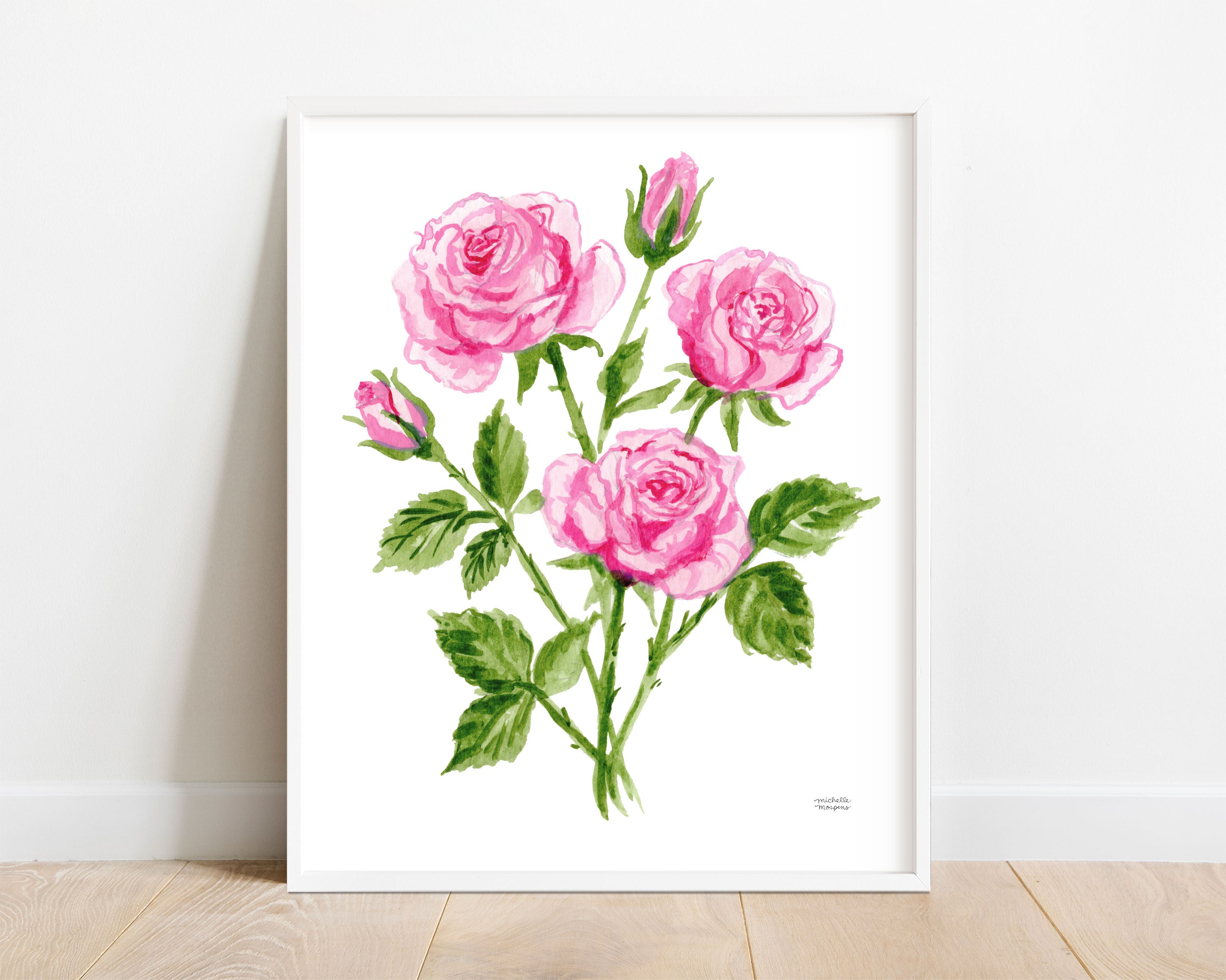 Pink Roses Flowers Botanical Floral Watercolor Wall Art Print by Michelle Mospens