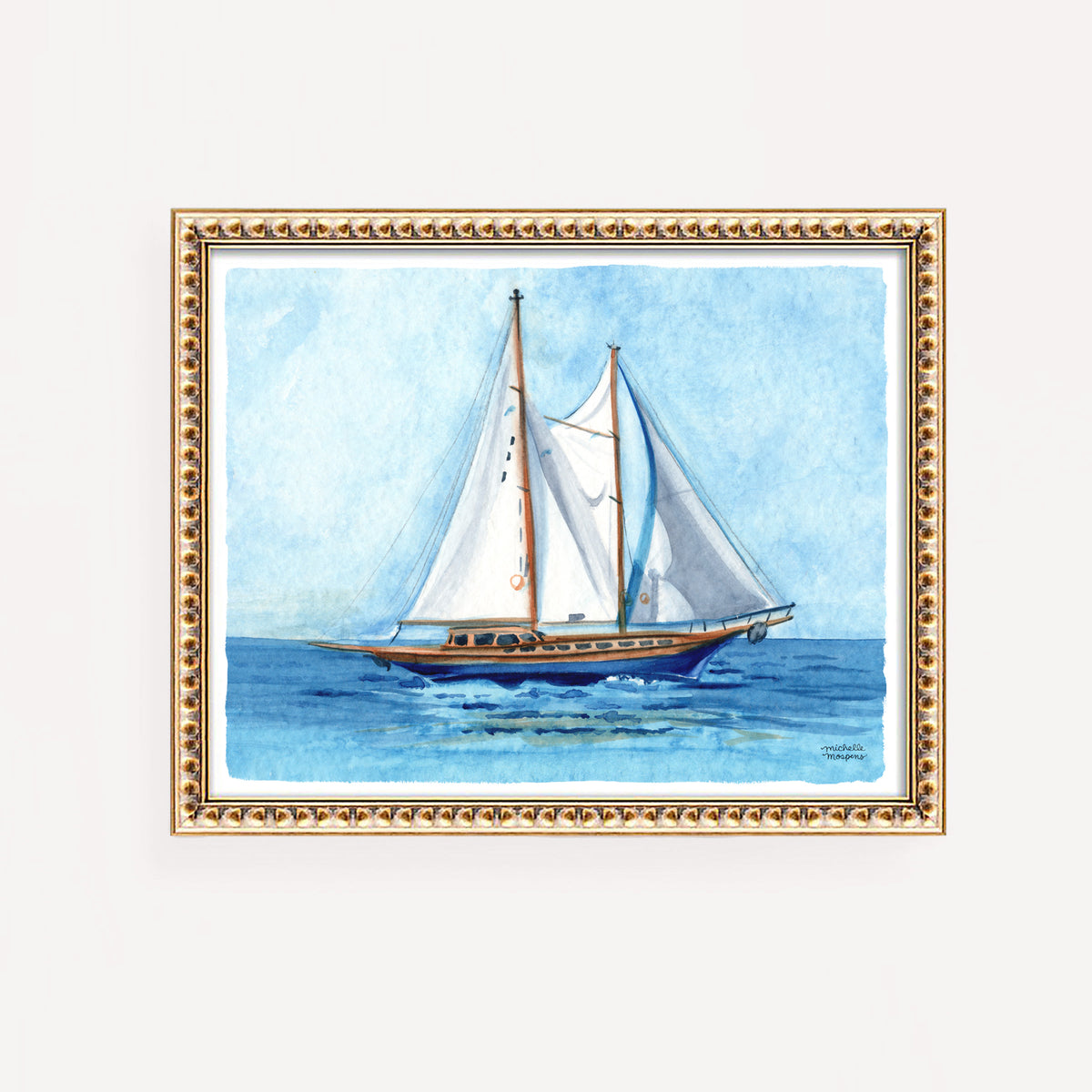 Watercolor Schooner Sailboat Nautical Coastal Wall Art Print - Michell
