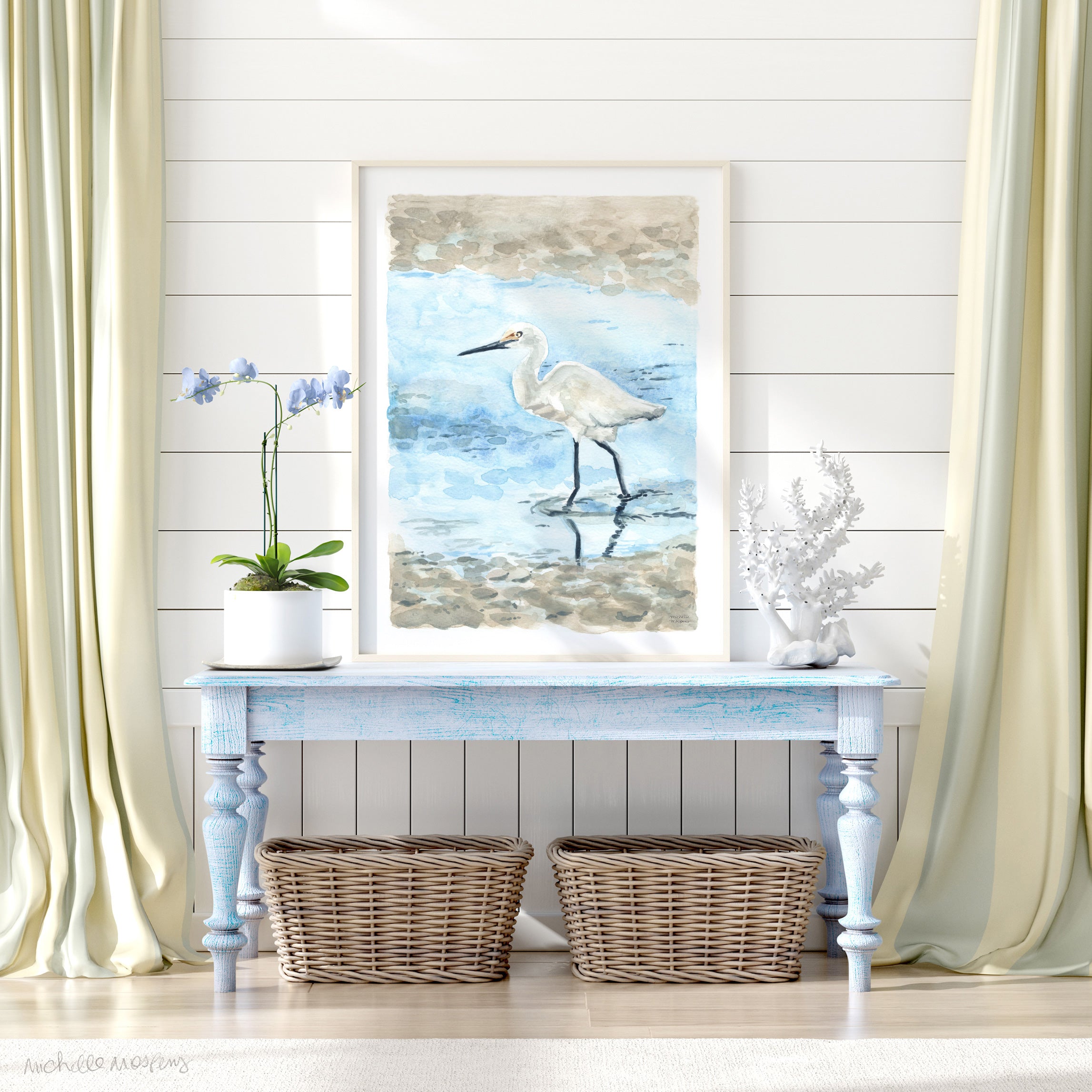 Watercolor Egret Bird Coastal Beach Extra Large Wall Art Print by Michelle Mospens