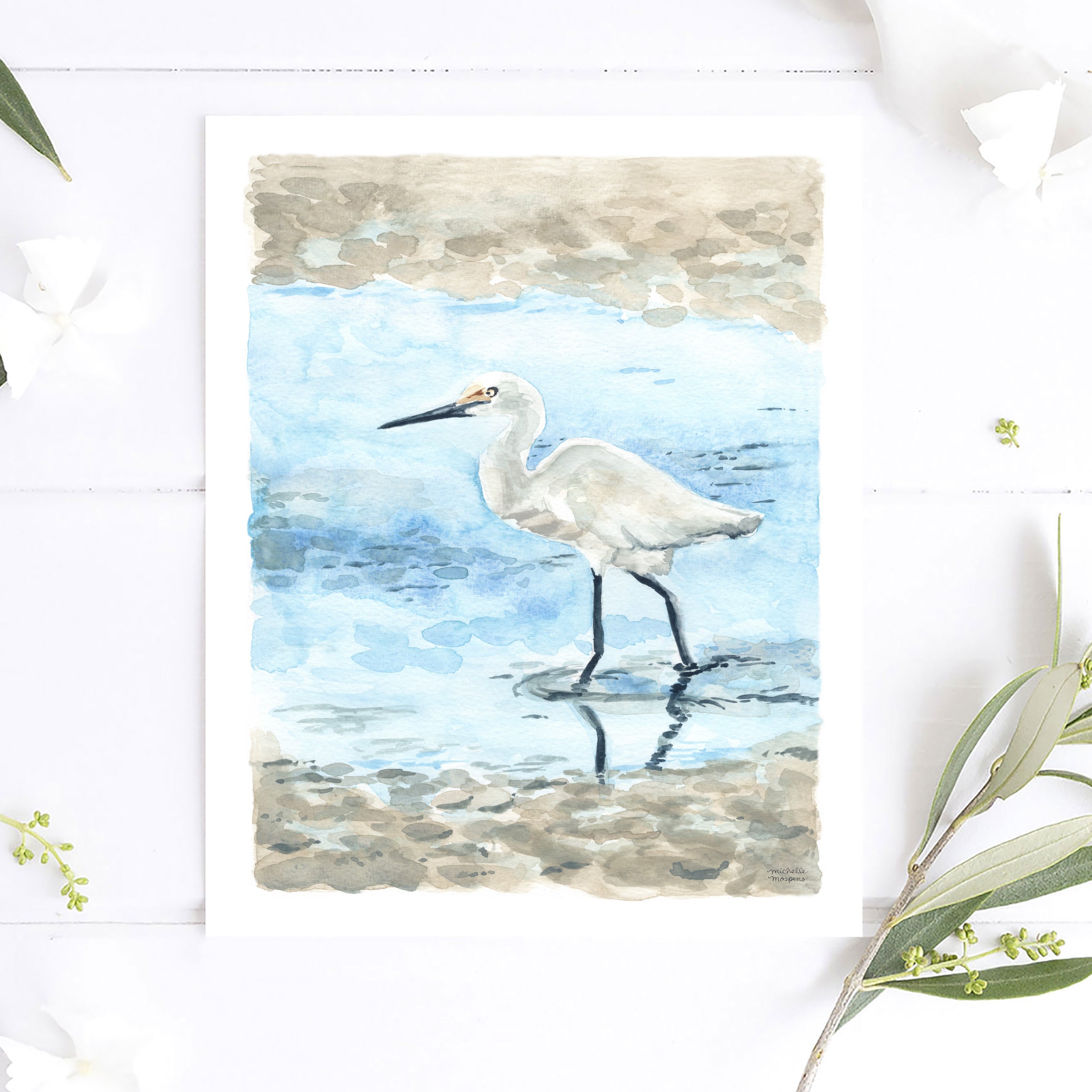 Watercolor Egret Bird Coastal Beach Wall Art Print