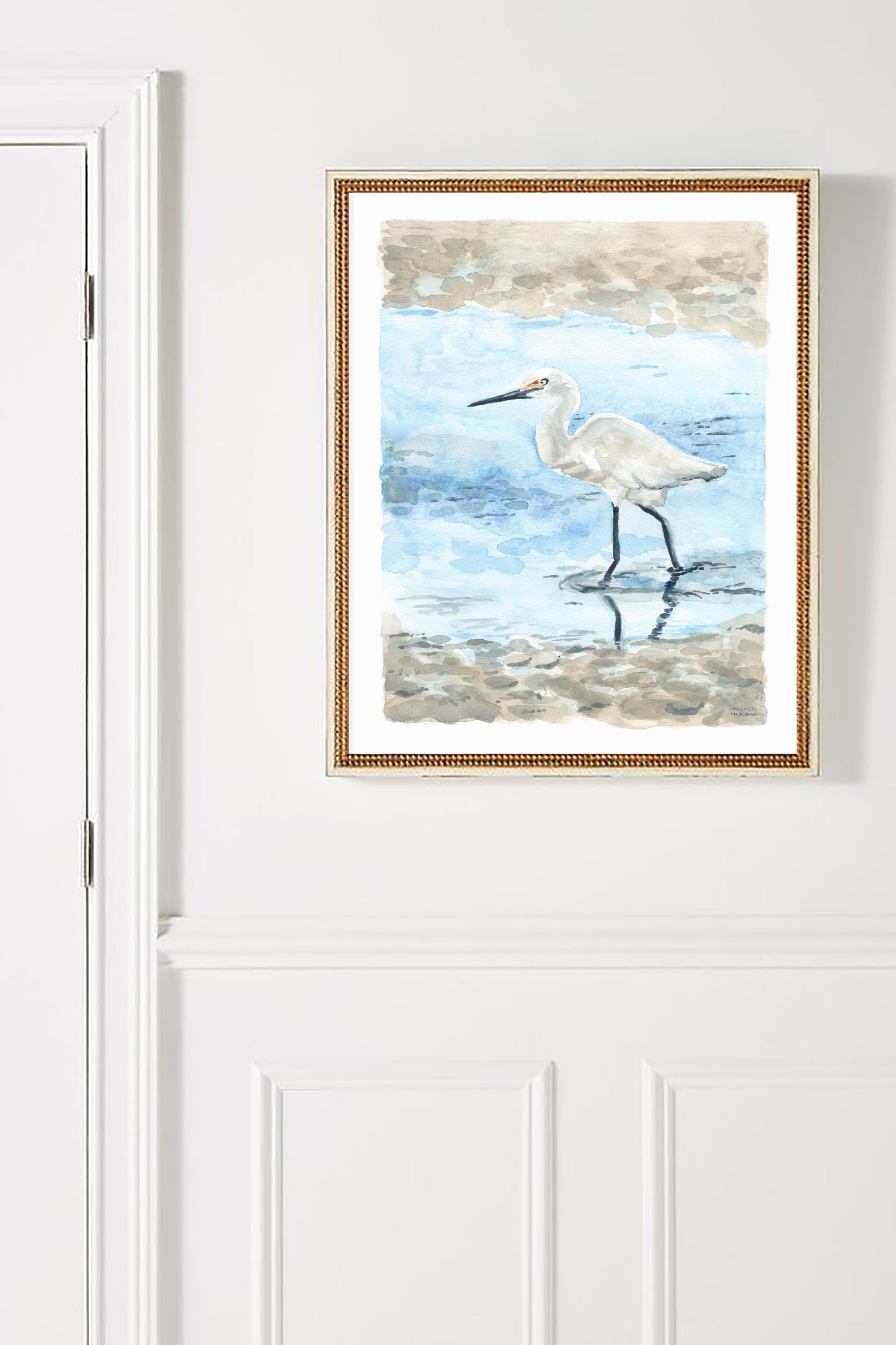 Watercolor Egret Bird Coastal Beach Extra Large Wall Art Print by Michelle Mospens