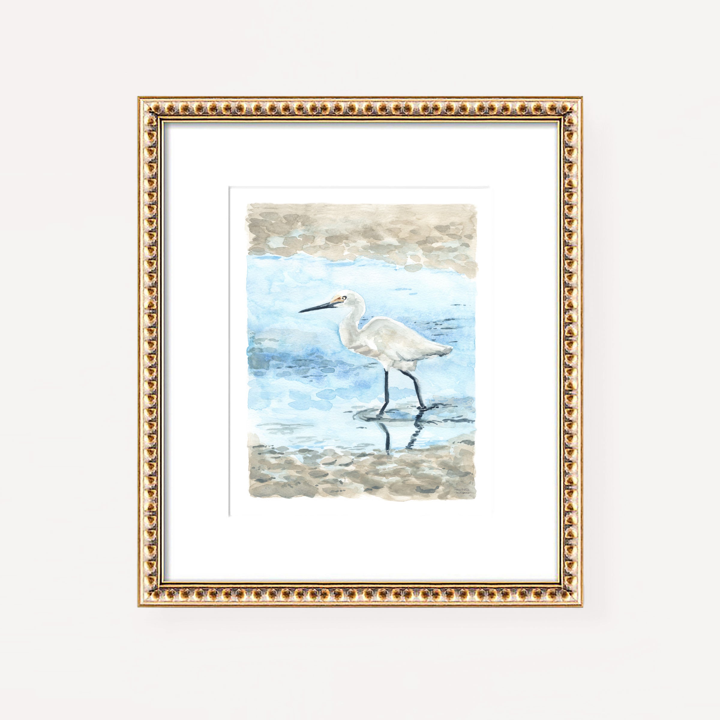 Watercolor Egret Bird Coastal Beach Wall Art Print