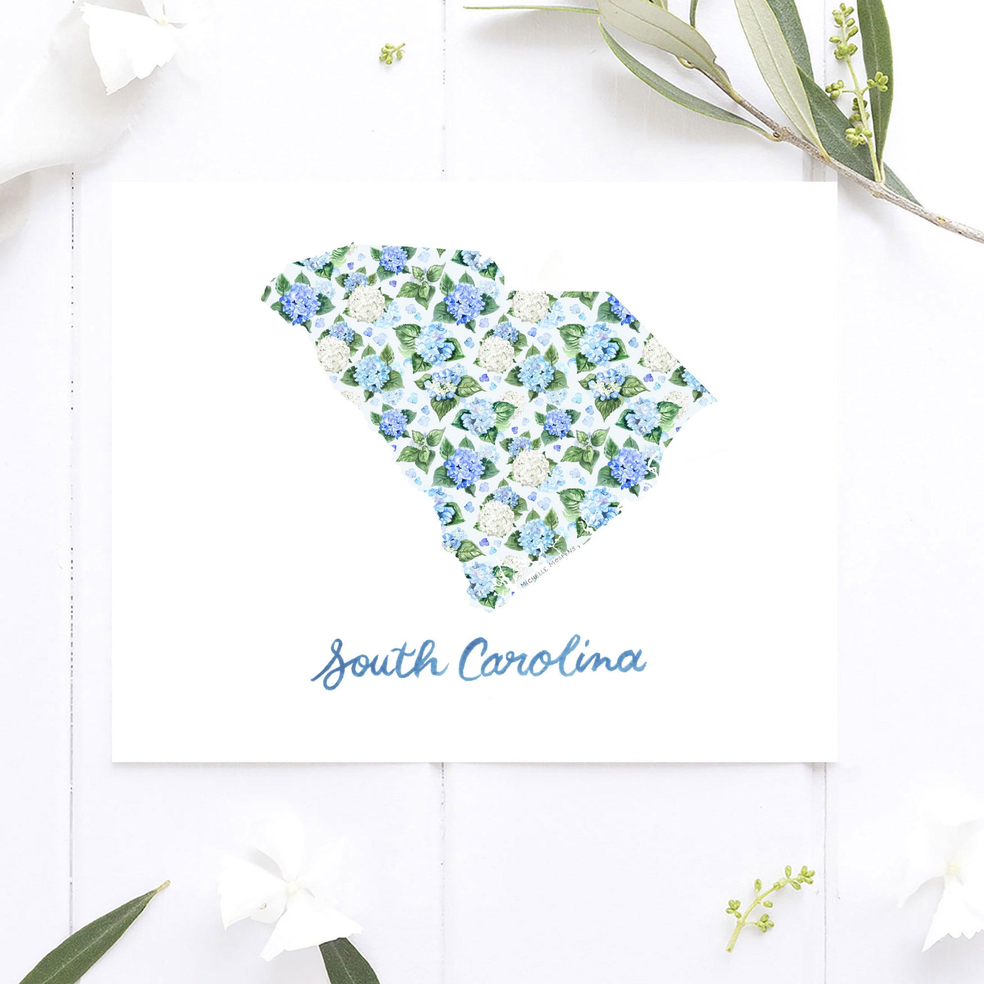 South and North Carolina Illustrated Wall Art Print Set of 2: Watercolor Carolinas State Shape with Hydrangeas and Hand Lettering