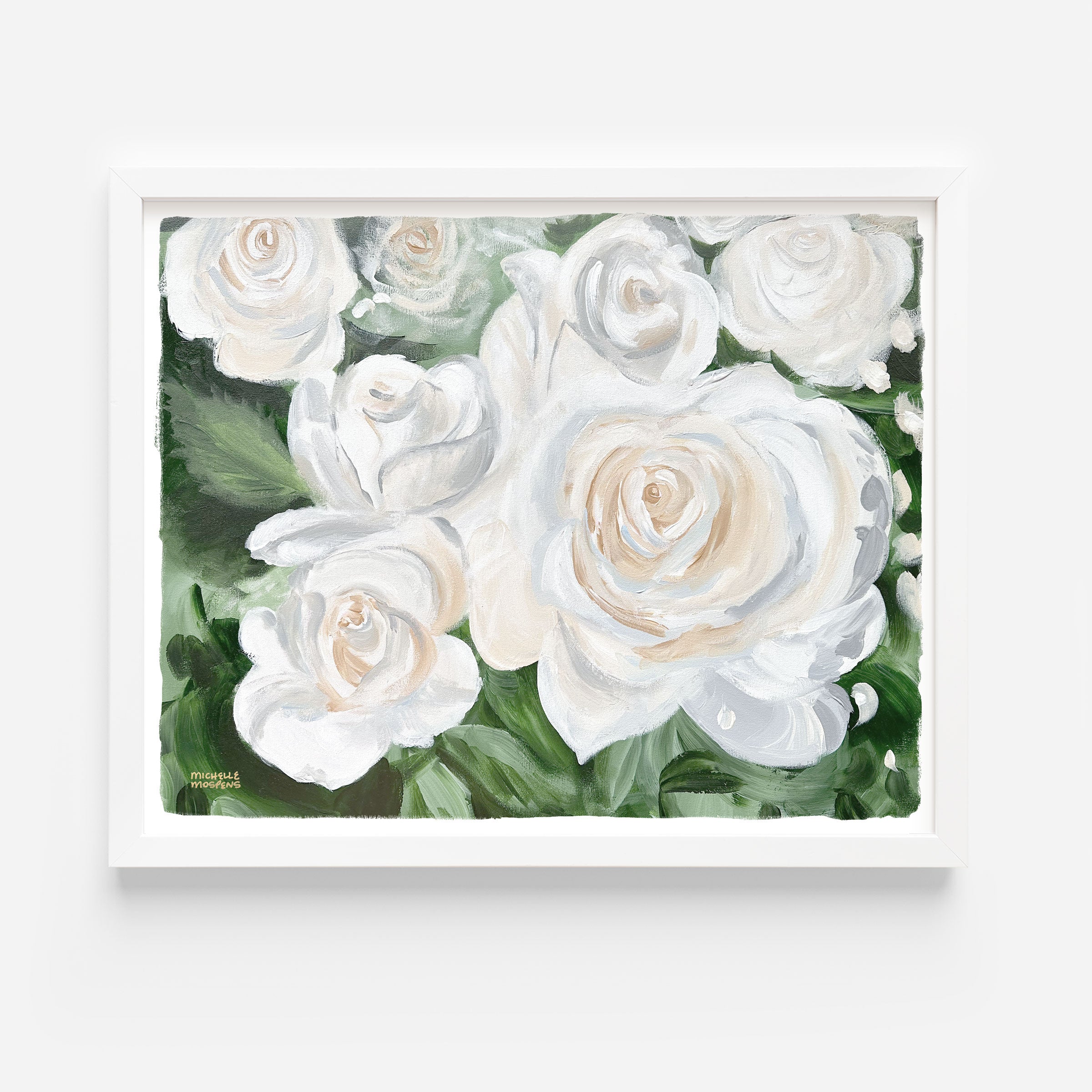 Summer Lover White Roses Painting Wall Art Print by Michelle Mospens