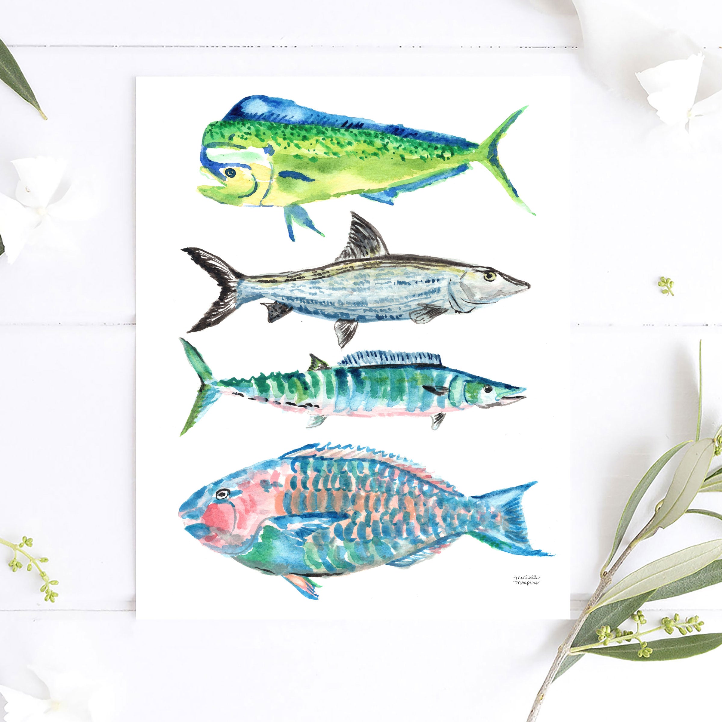Fish Print Ocean Fish Art Print Tropical Saltwater Fish Watercolor Bonefish Parrot Mahi Mahi Wahoo Fish