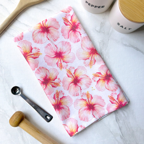 Tropical Pink Hibiscus Flower Watercolor Coastal Cotton Kitchen Tea Towel by Michelle Mospens