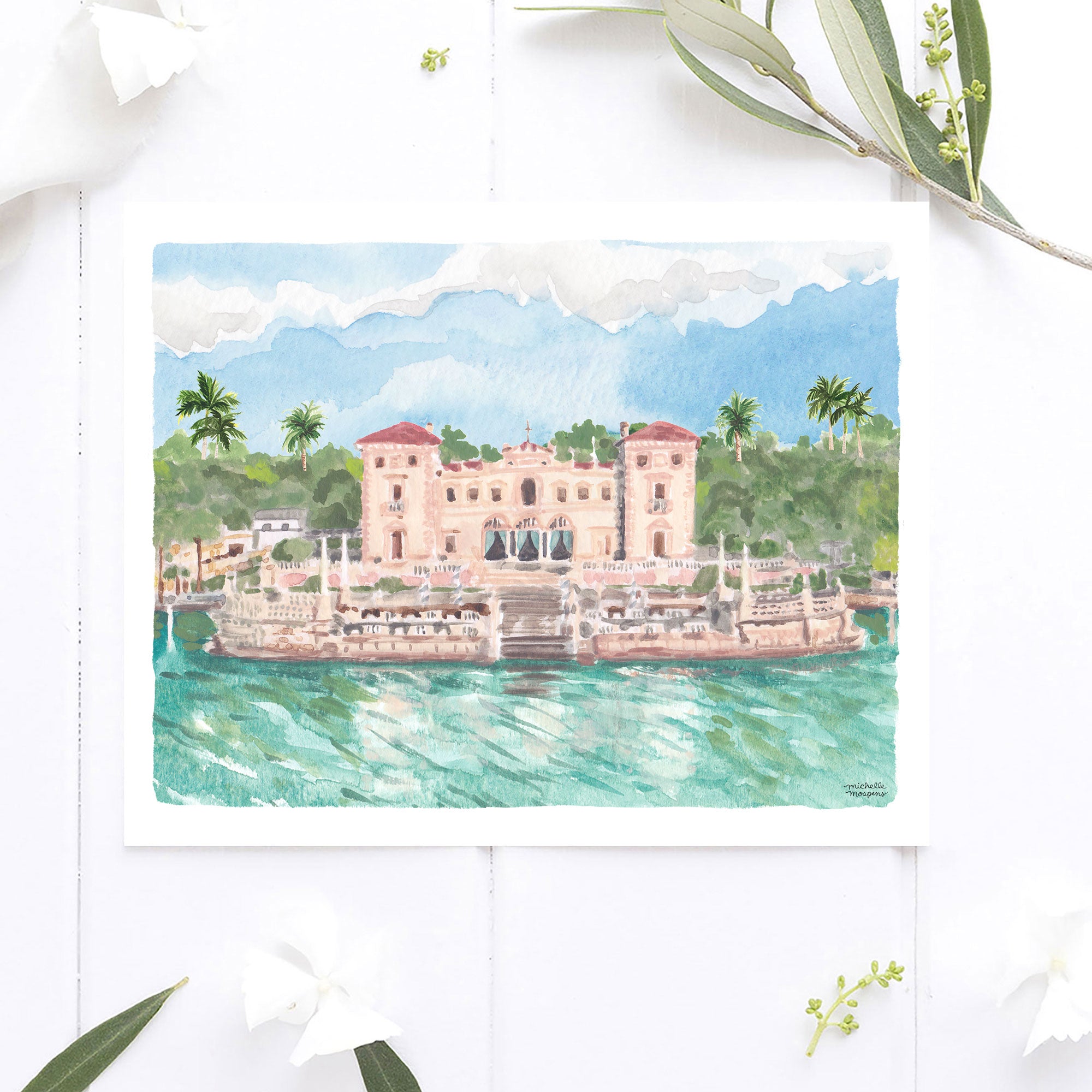 Vizcaya Museum & Gardens Miami Florida Watercolor Wall Art Print by Michelle Mospens