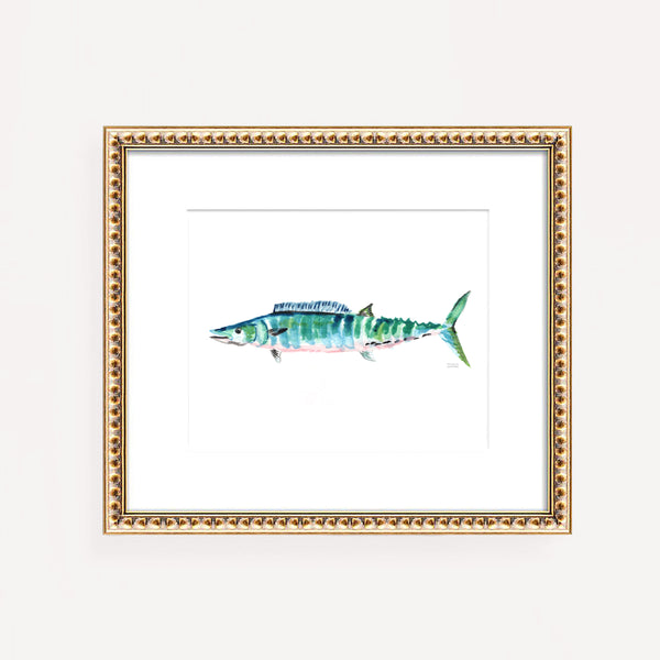 Coastal Wall Art Fish Print Watercolor Blue Wahoo Fish - Michelle Mosp