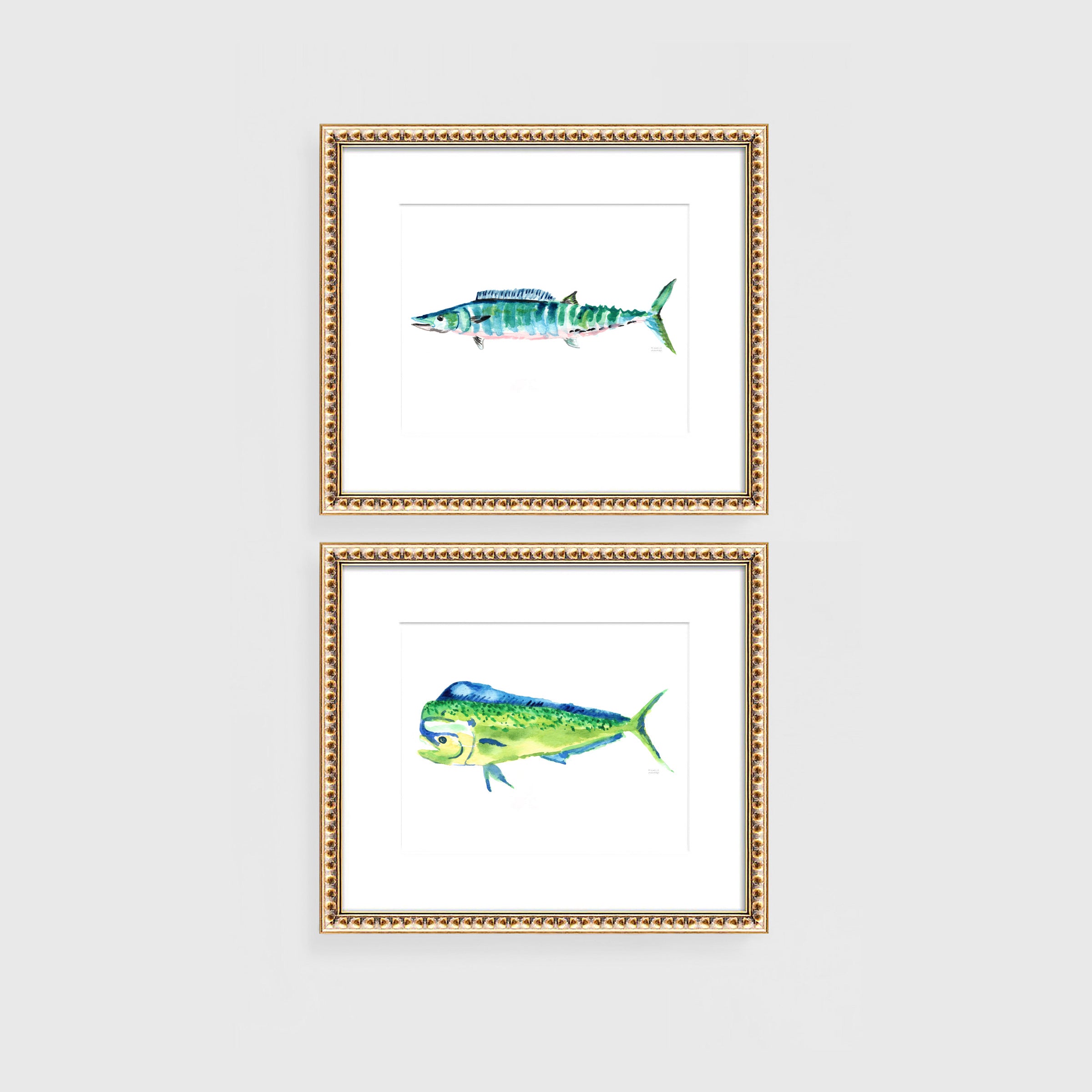 Fish Art Prints Set of 2 Nautical Fisherman Decor with Watercolor Mahi Mahi and Wahoo Fish