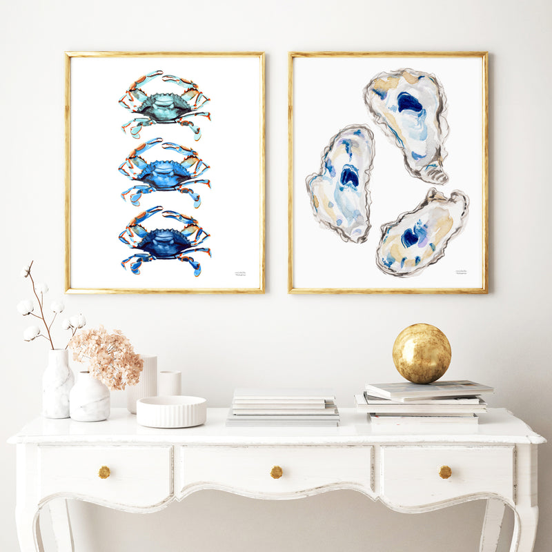 Coastal Wall Art Watercolor Prints Set of 2 | Oysters and Blue Crabs Artwork