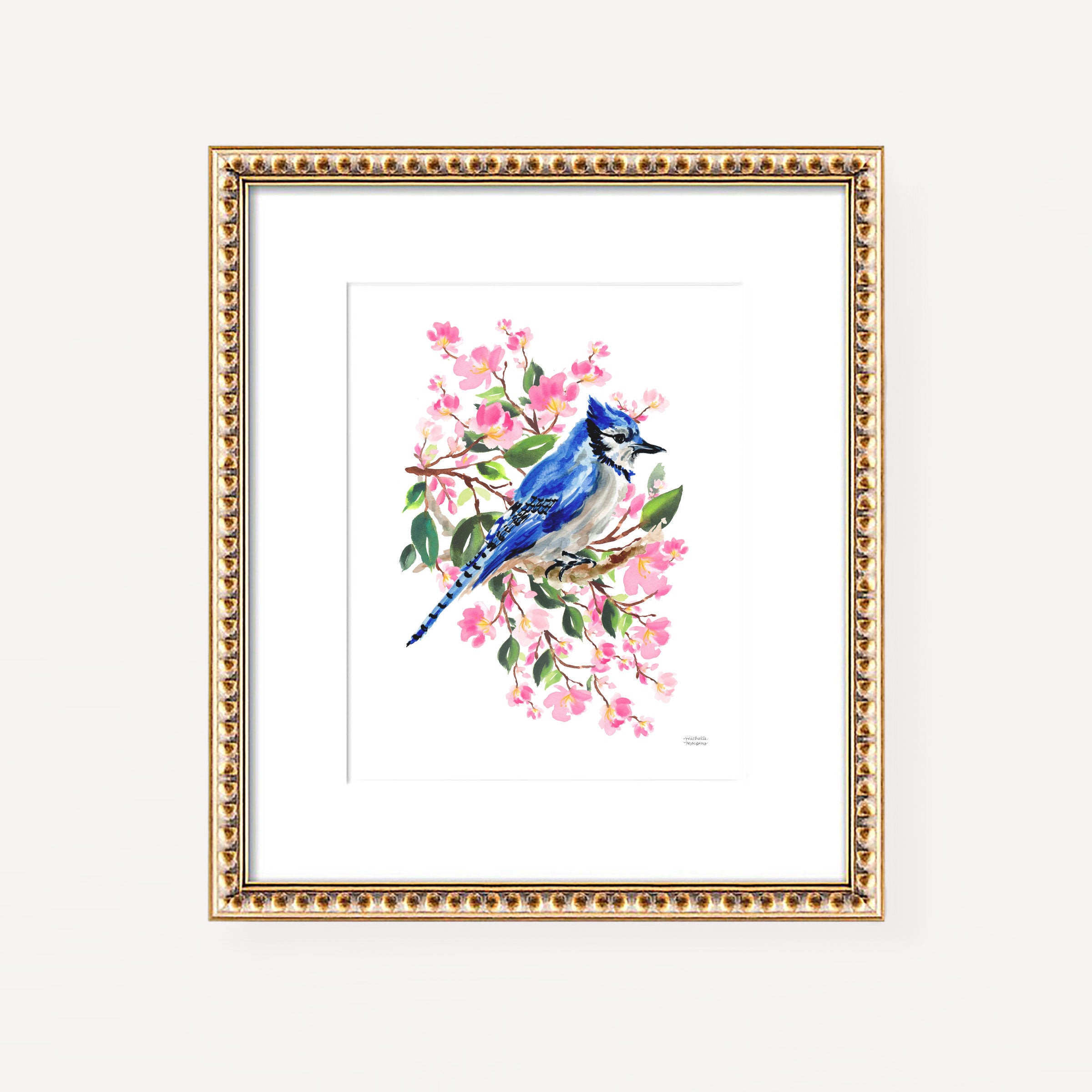 Blue Jay Bird and Cherry Blossoms Watercolor Wall Art Print by Michelle Mospens, Unframed