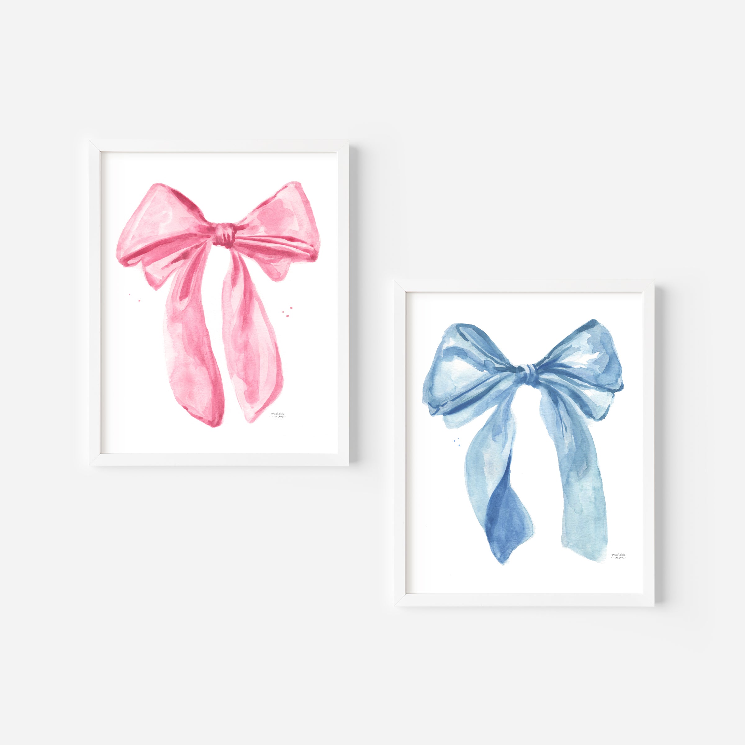 Cute Girly Preppy Fashion Bow Watercolor Wall Art Prints Set of 2 in Pink and Blue