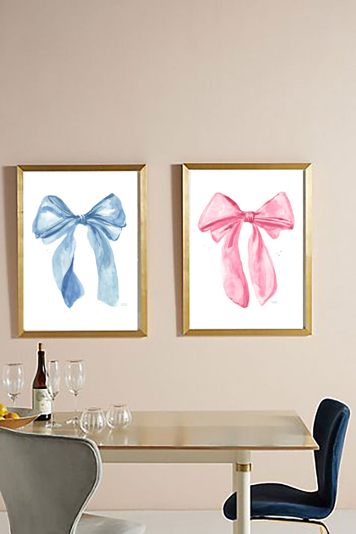 Cute Girly Preppy Fashion Bow Watercolor Wall Art Prints Set of 2 in Pink and Blue