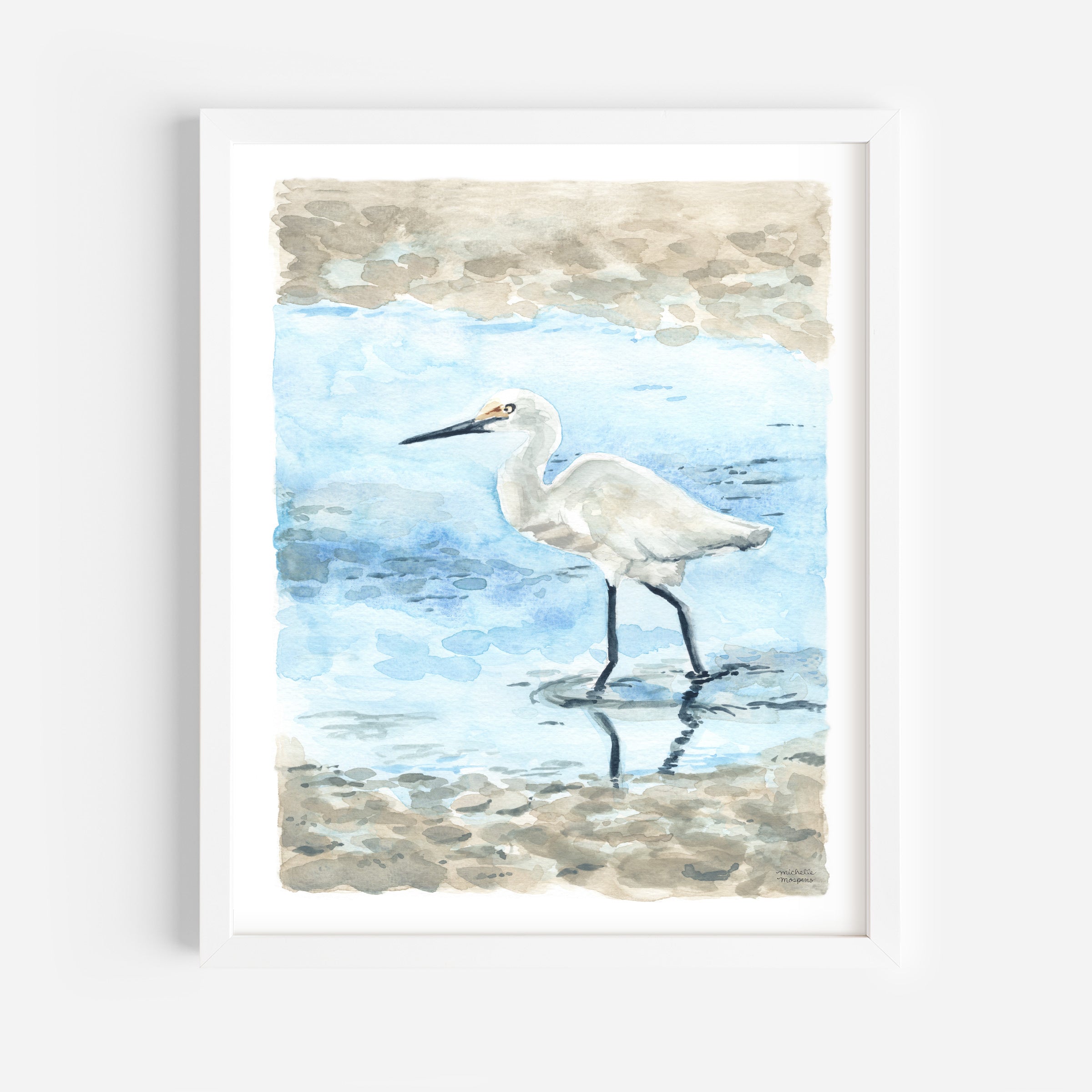 Watercolor Egret Bird Coastal Beach Wall Art Print