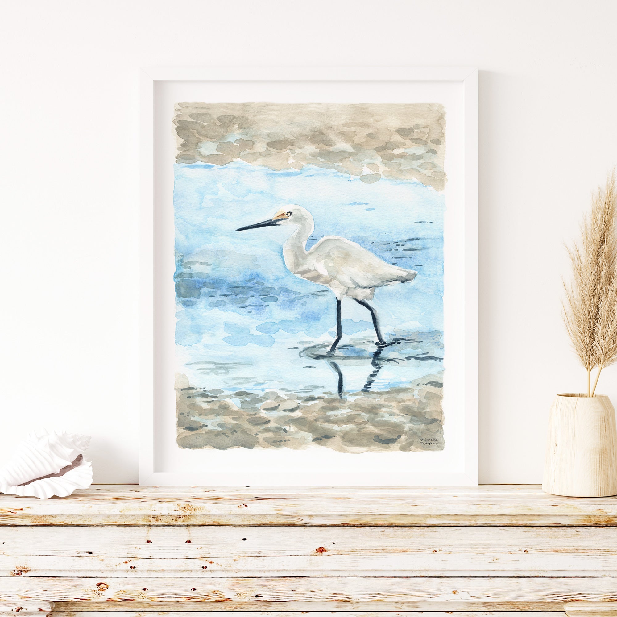 Watercolor Egret Bird Coastal Beach Extra Large Wall Art Print by Michelle Mospens