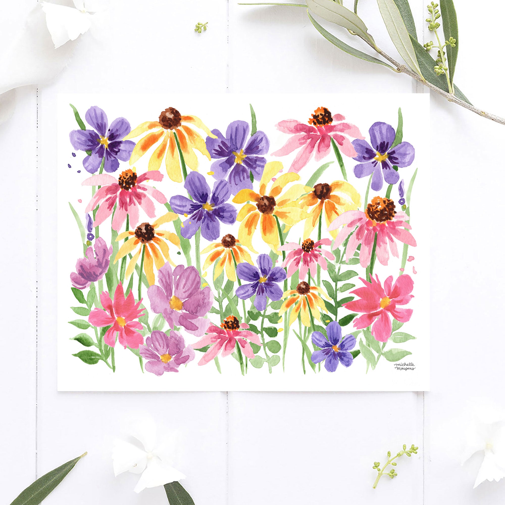 Watercolor Colorful Wildflowers Wall Art Print by Michelle Mospens, yellow, pink, and purple flowers