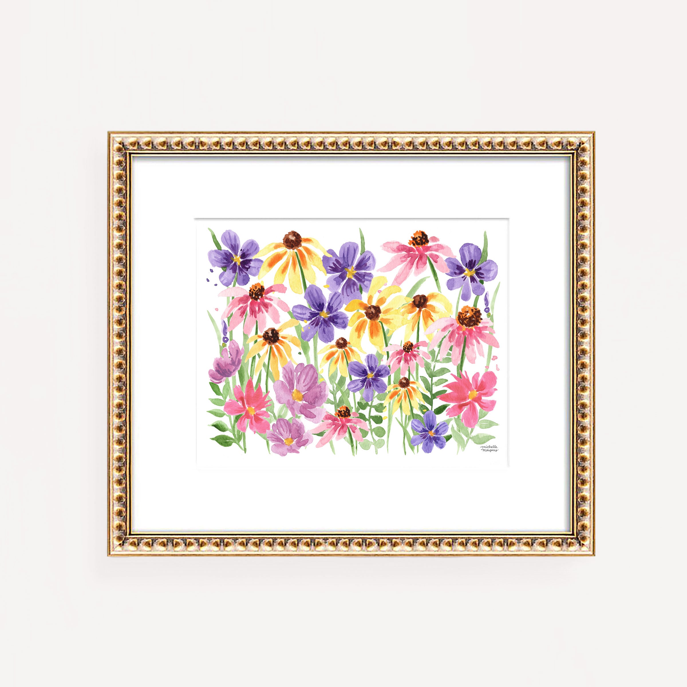Watercolor Colorful Wildflowers Wall Art Print by Michelle Mospens, yellow, pink, and purple flowers