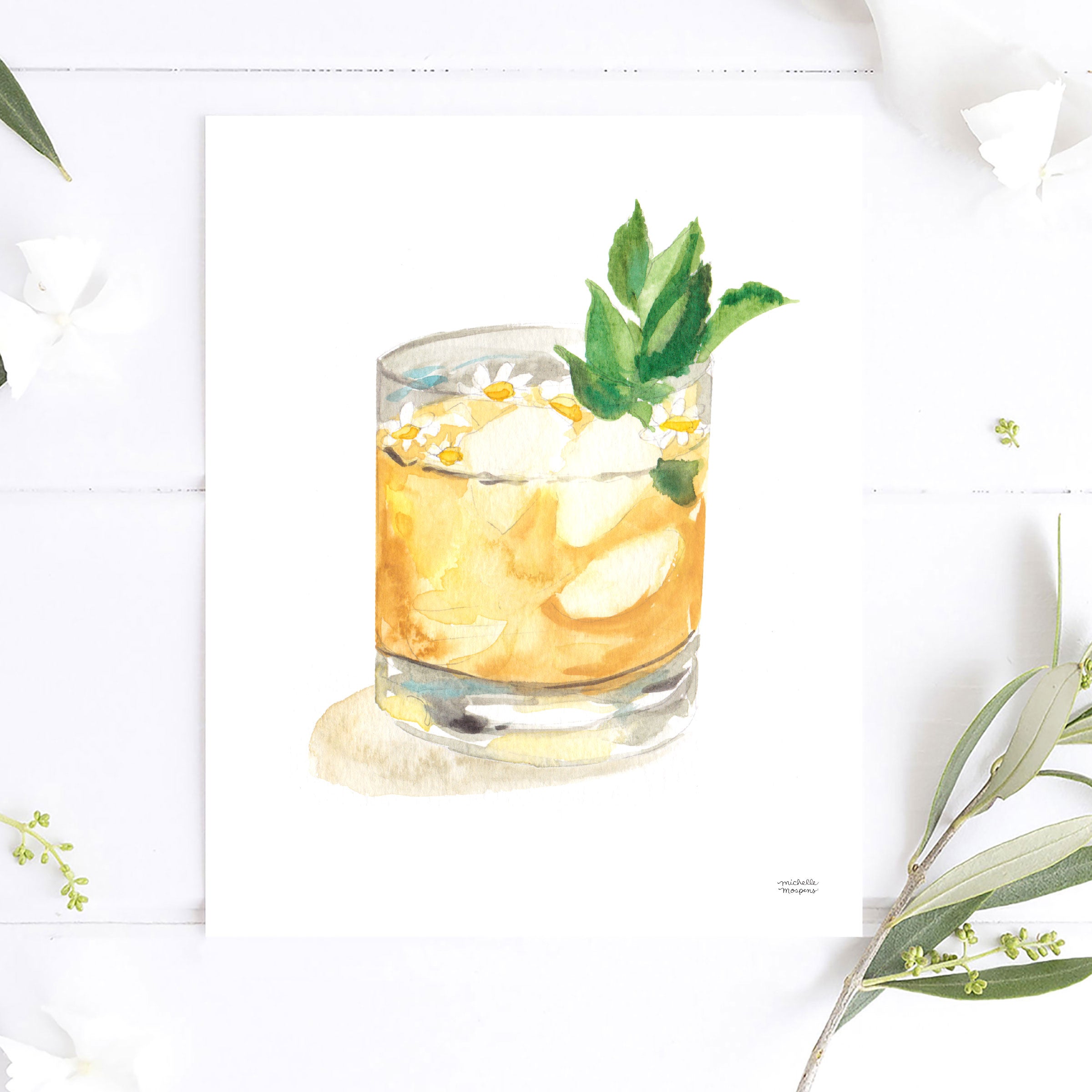 Watercolor Whiskey Smash Bar Cart Art Prints by Michelle Mospens | Cute Cocktail Wall Art