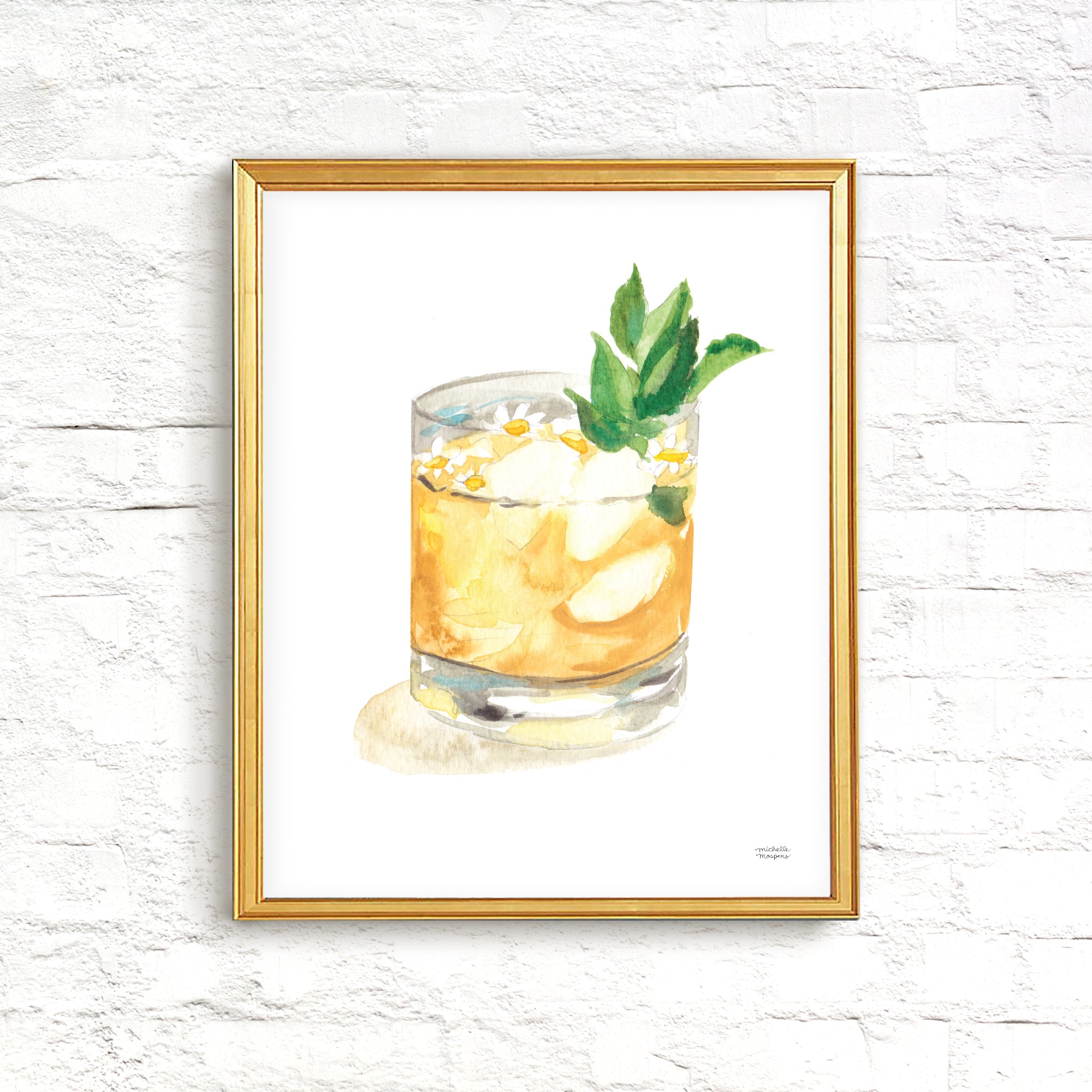 Watercolor Whiskey Smash Bar Cart Art Prints by Michelle Mospens | Cute Cocktail Wall Art