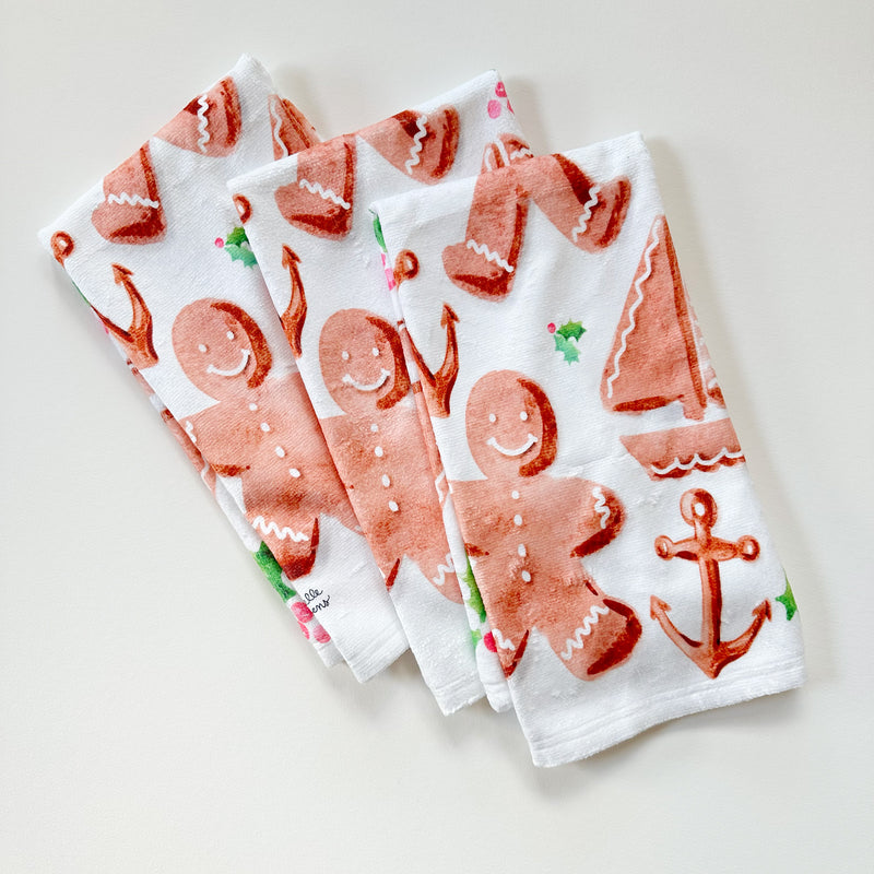 Watercolor Seaside Gingerbread Cookies Hand Towel by Michelle Mospens | Designer Dish Towel in White