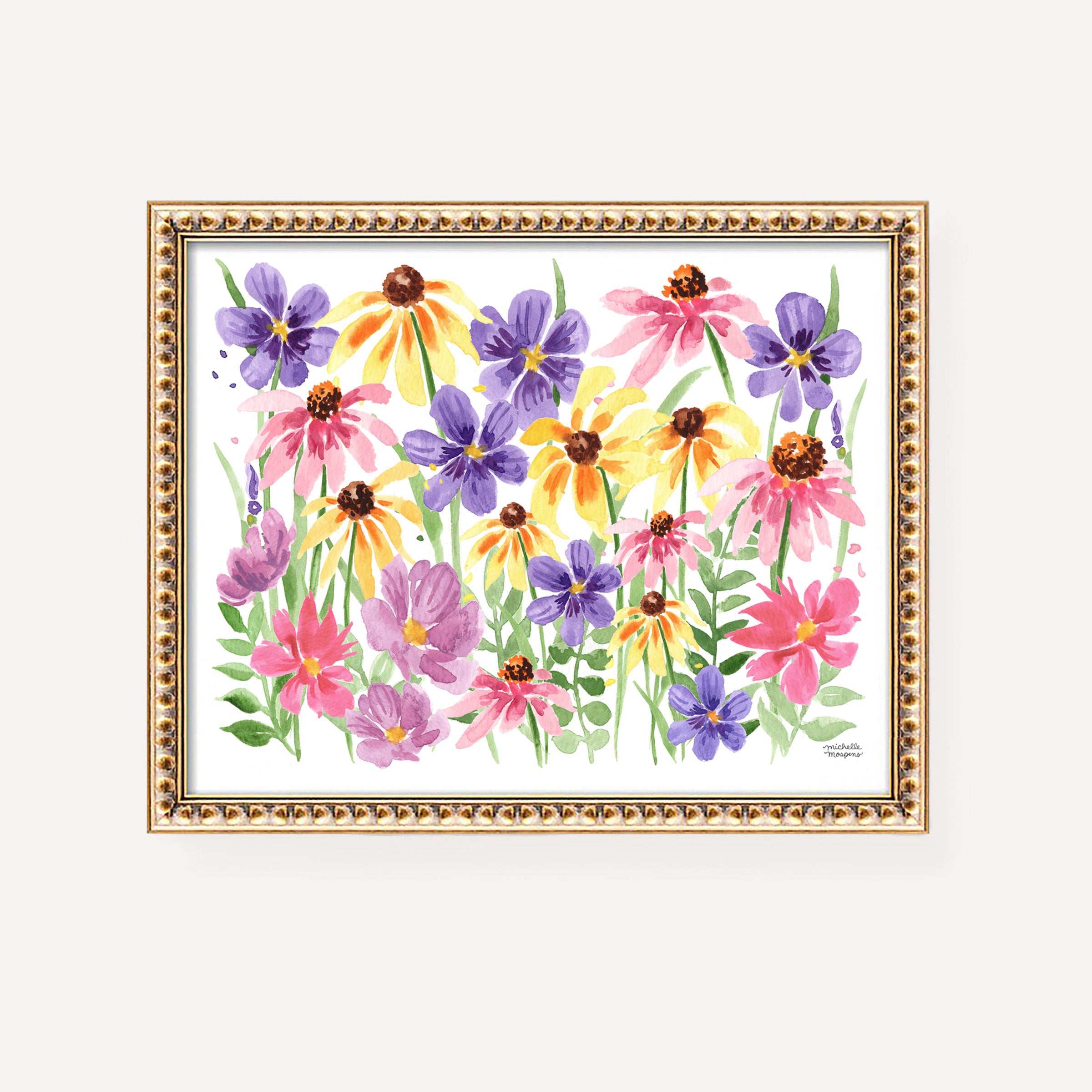Watercolor Colorful Wildflowers Wall Art Print by Michelle Mospens, yellow, pink, and purple flowers