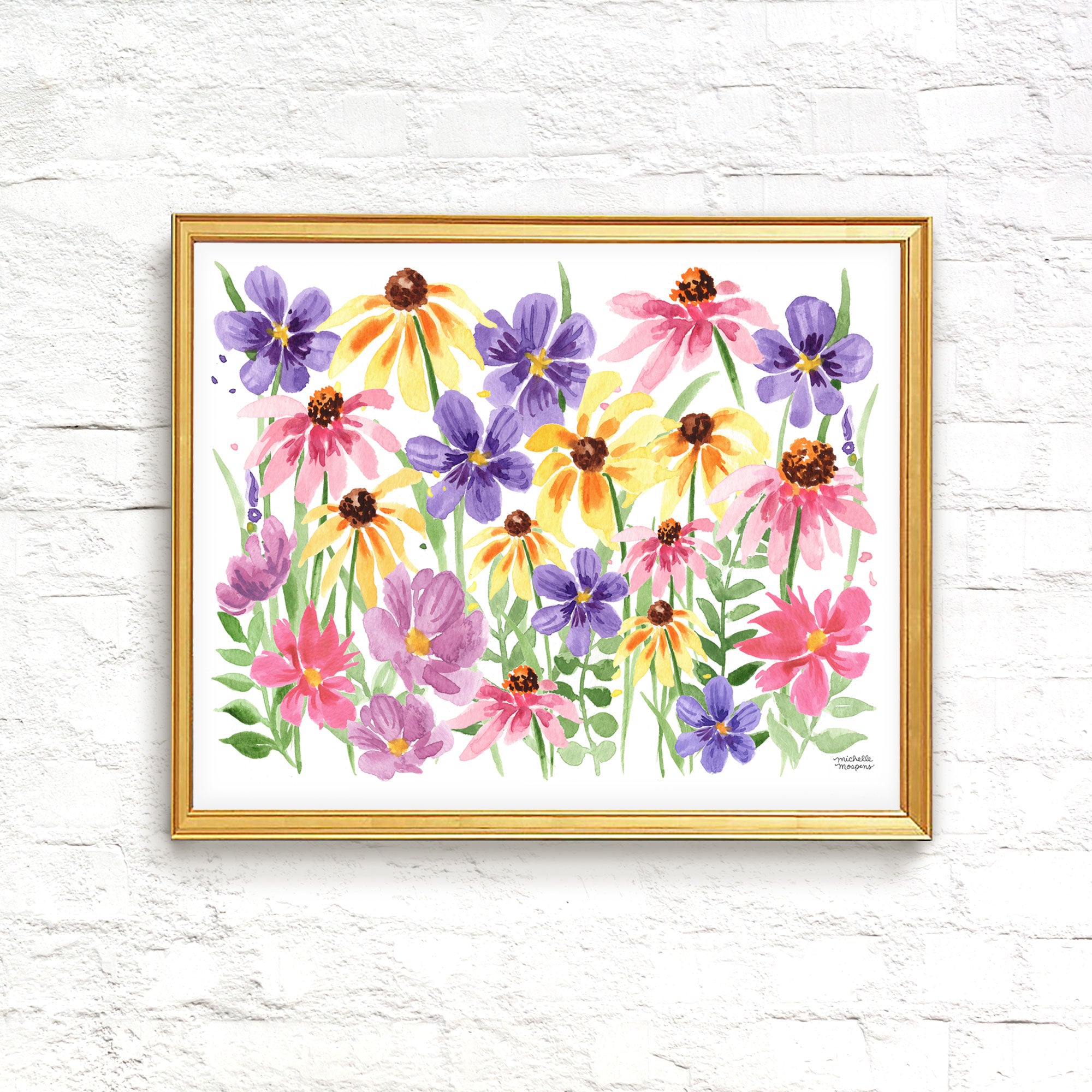 Watercolor Colorful Wildflowers Wall Art Print by Michelle Mospens, yellow, pink, and purple flowers