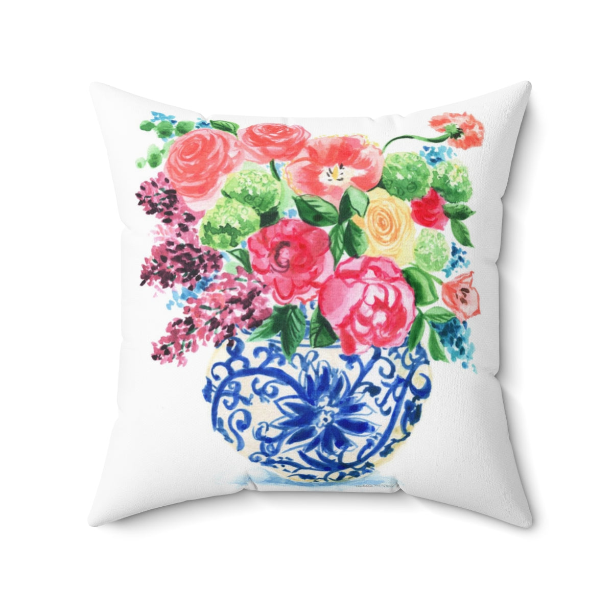 Watercolor Chinoiserie Ginger Jar Bouquet No. 15 Square Pillow with Grandmillennial Aesthetic