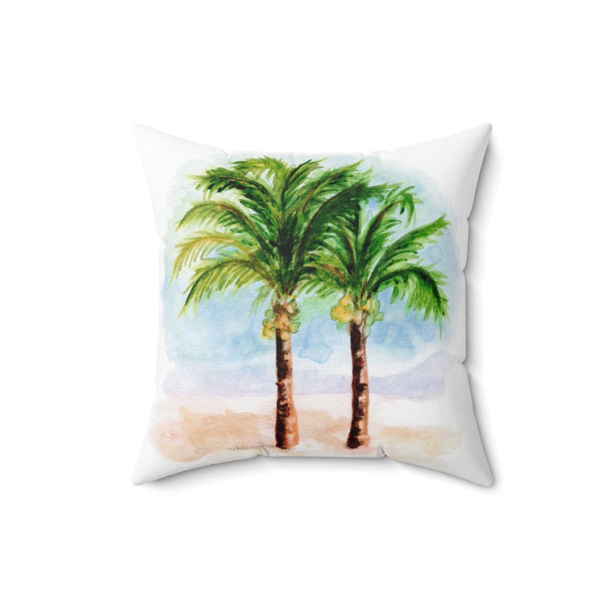 Watercolor Tropical Palm Trees Square Pillow by Artist Michelle Mospens