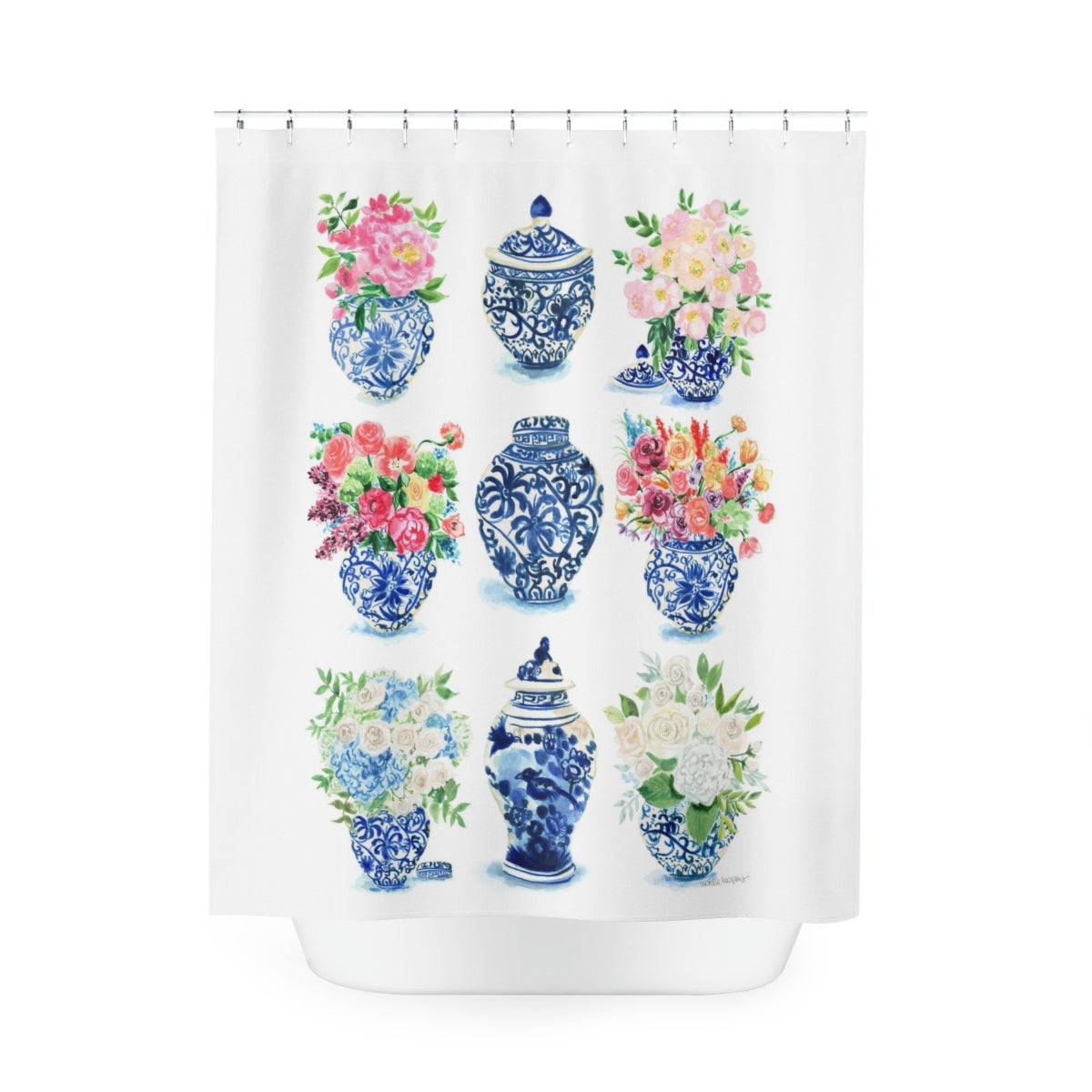 Watercolor Grandmillennial Chinoiserie Ginger Jars Shower Curtain