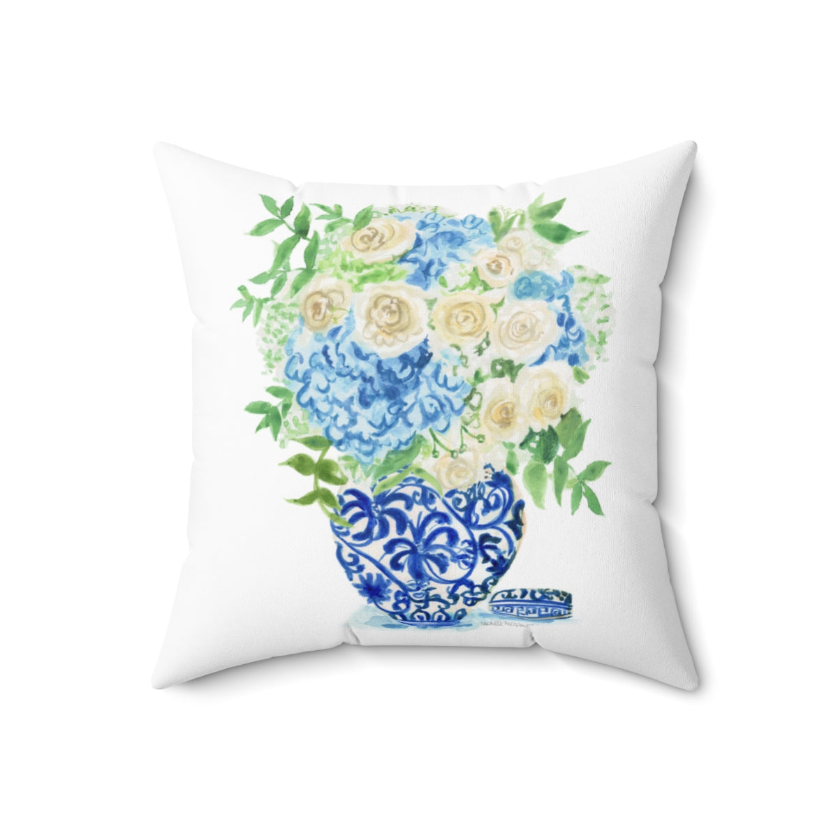 Watercolor Chinoiserie Ginger Jar Bouquet No. 17 Square Pillow with Grandmillennial Aesthetic