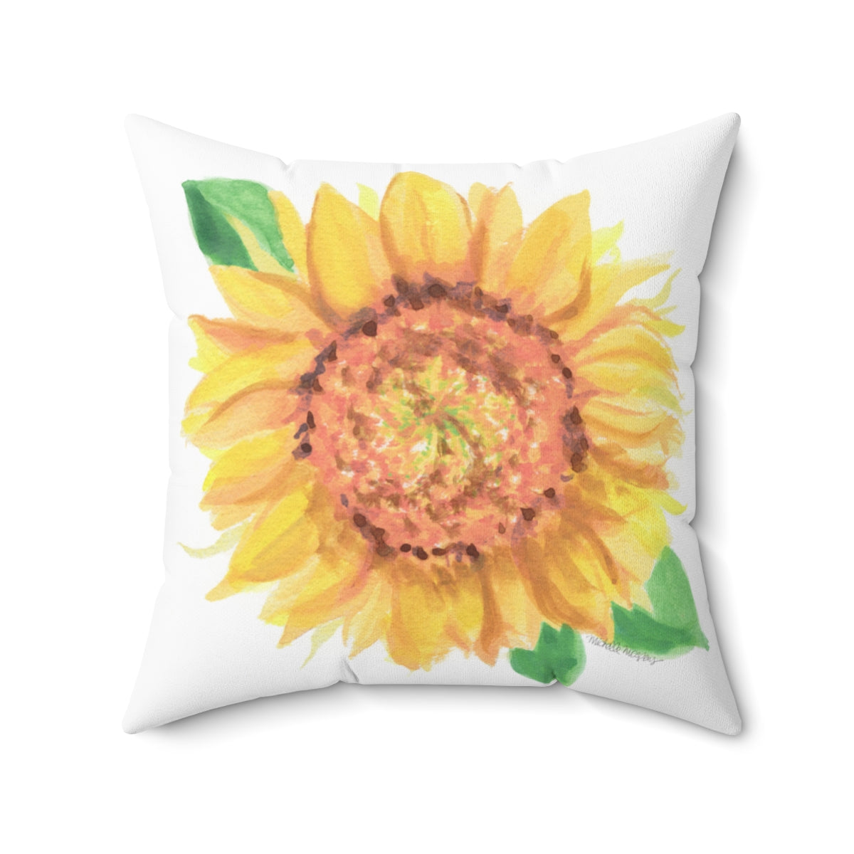 Watercolor Sunflower Bloom Square Pillow by Artist Michelle Mospens