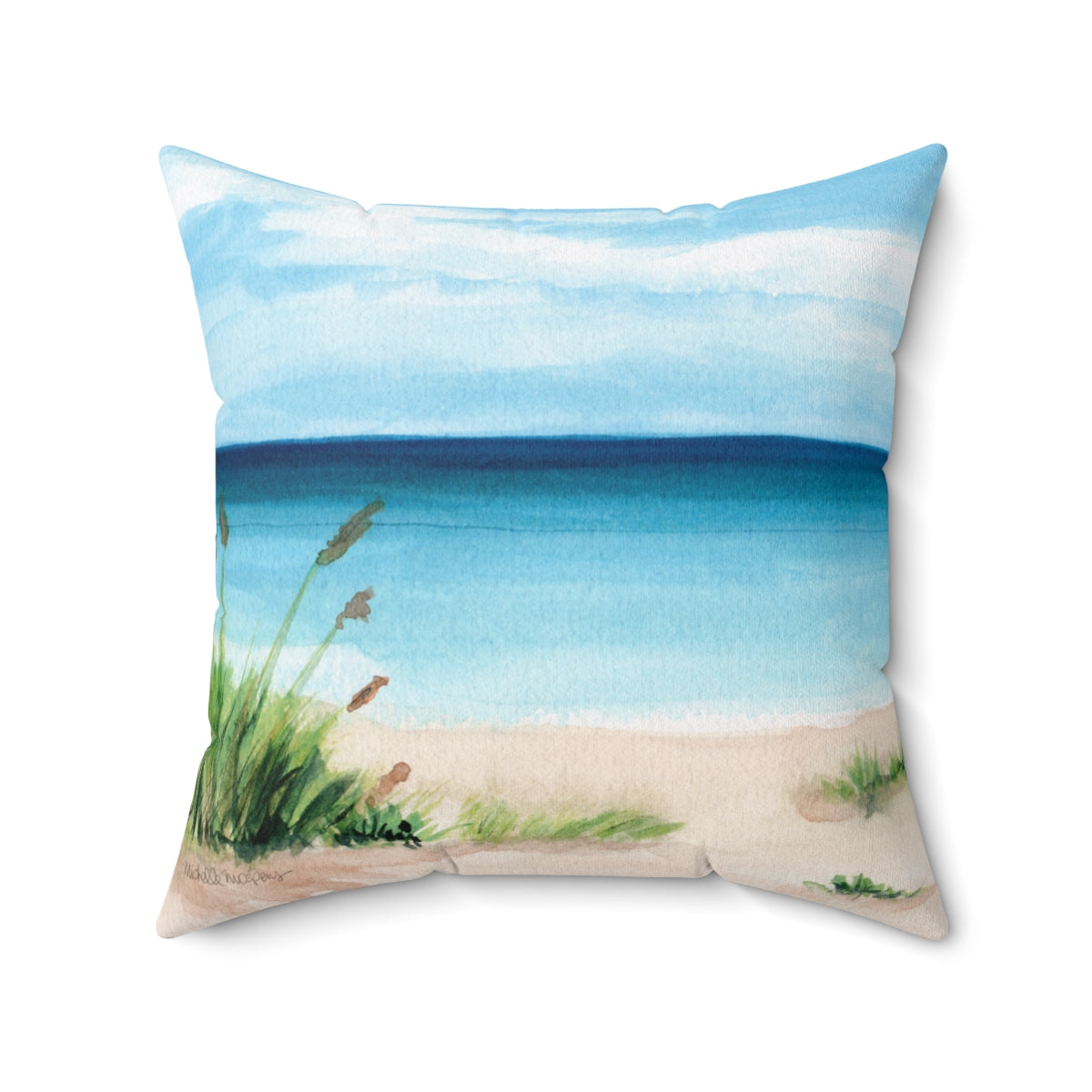 Watercolor Beach Scene Square Pillow by Artist Michelle Mospens