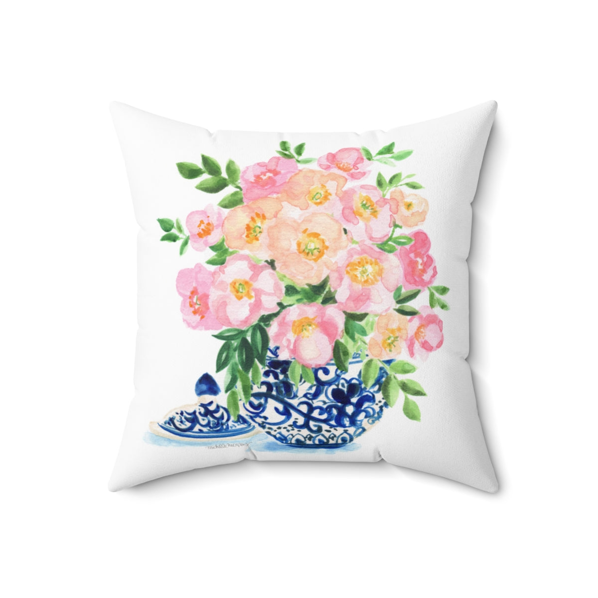 Watercolor Chinoiserie Ginger Jar Bouquet No. 8 Square Pillow with Grandmillennial Aesthetic