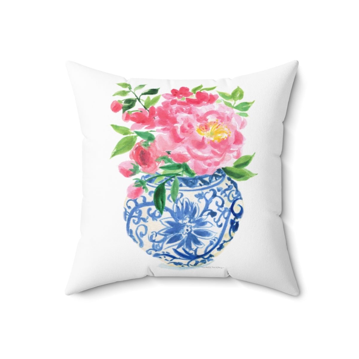 Watercolor Chinoiserie Ginger Jar Bouquet No. 5 Square Pillow with Grandmillennial Aesthetic