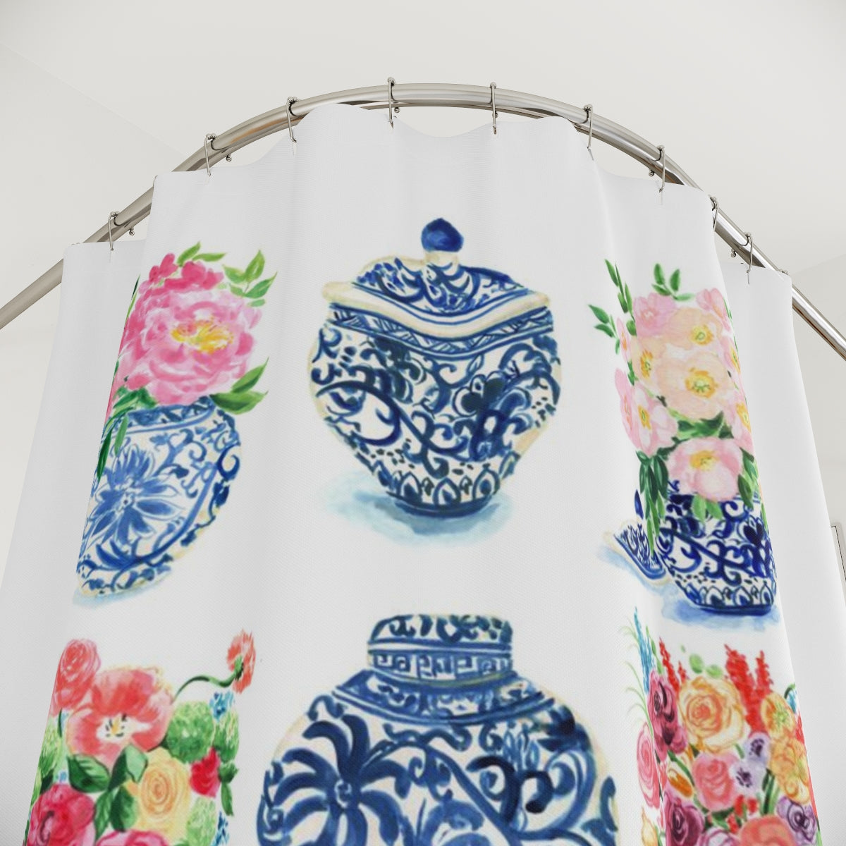 Watercolor Grandmillennial Chinoiserie Ginger Jars Shower Curtain