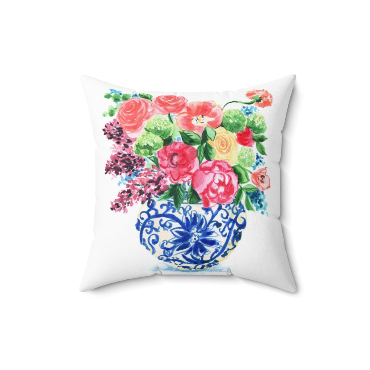Watercolor Chinoiserie Ginger Jar Bouquet No. 15 Square Pillow with Grandmillennial Aesthetic