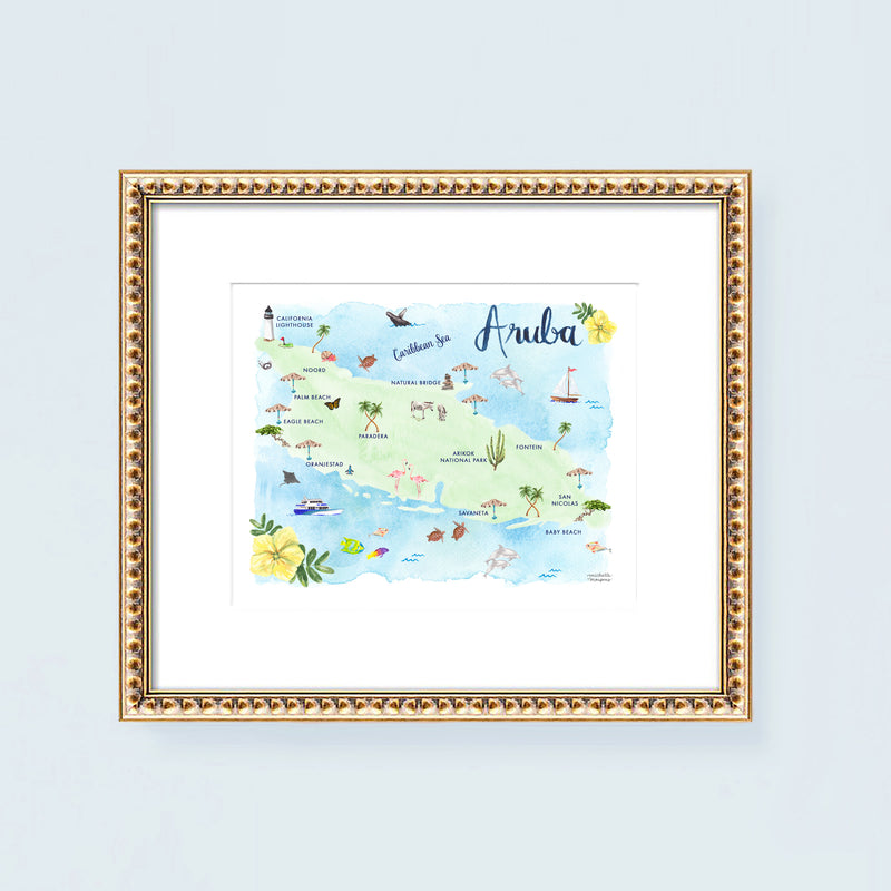 Aruba watercolor map art print by artist Michelle Mospens.