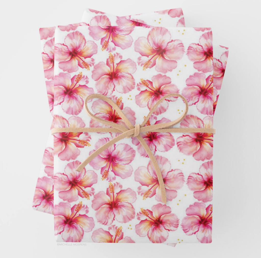 Tropical Flower Wrapping Paper Hibiscus Flower Navy Floral Gift Wrapping  Paper Bold Red Yellow Summer Gift Wrap Hawaiian Flower Paper Wrap 