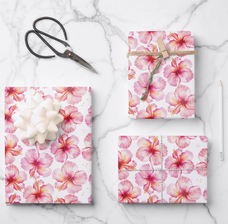 Tropical Green Leaves Pink Orange Flowers Wrapping Paper Sheets, Zazzle