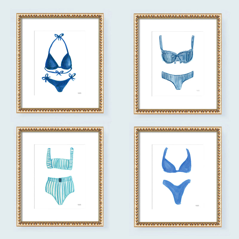 Watercolor bikini bathing suits in blue hues by artist Michelle Mospens. Wall art prints set of 4 in several different sizes.