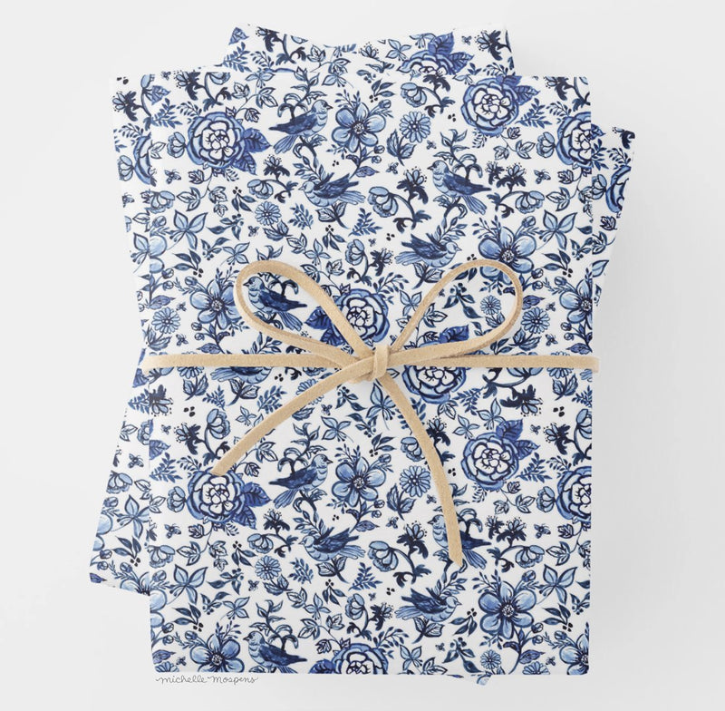 Blue and White Toile Wrapping Paper, Bunny Rabbit Toile