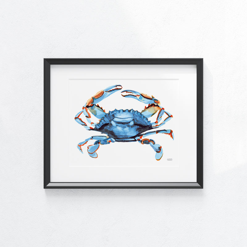 Watercolor Bright Blue Crab Coastal Wall Art Print